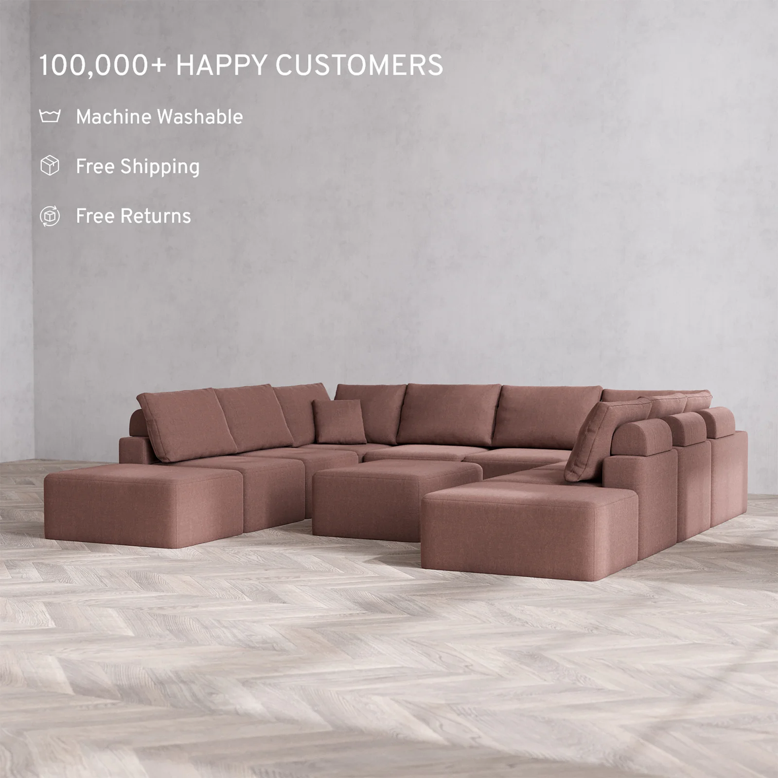 Slipcover Only - Modular Washable 10-Seater Open-Ends U Sectional + Chaise Ottoman Cloud + Bolster Sofa in Sumac - Image 2