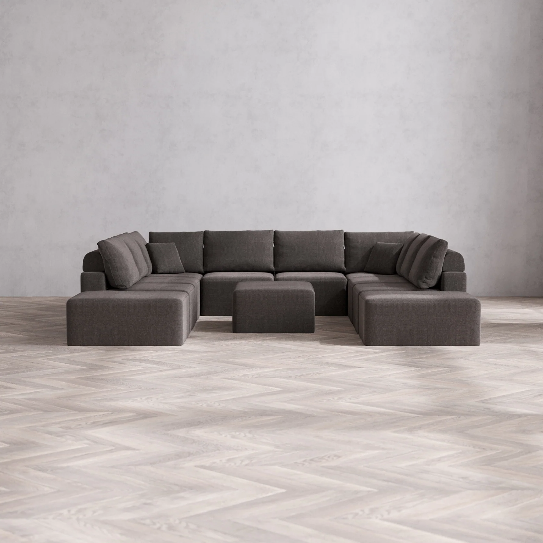 Slipcover Only - Modular Washable 10-Seater Open-Ends U Sectional + Chaise Ottoman Cloud + Bolster Sofa in Truffle