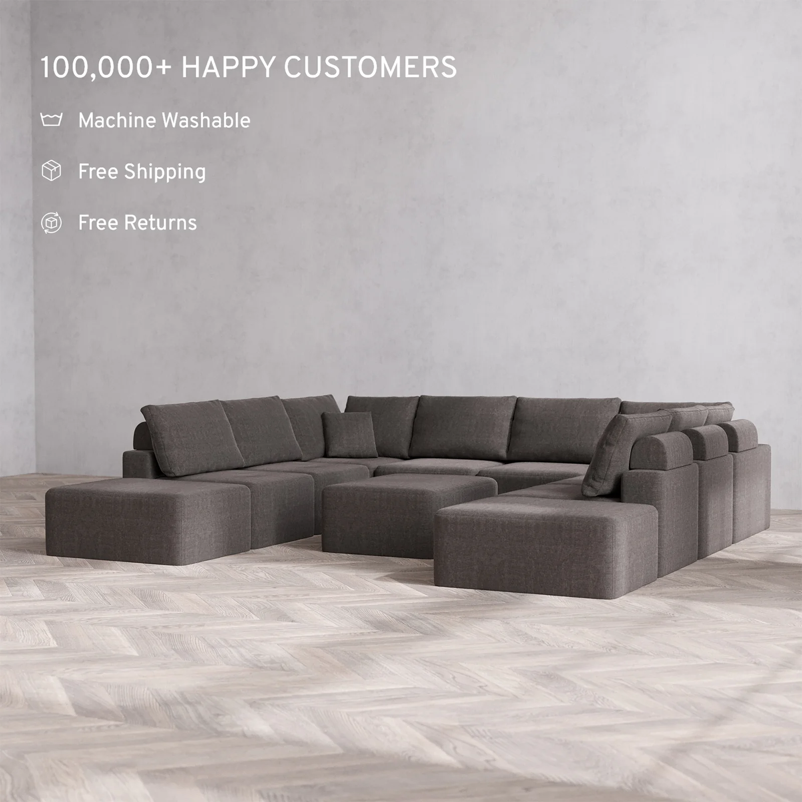 Slipcover Only - Modular Washable 10-Seater Open-Ends U Sectional + Chaise Ottoman Cloud + Bolster Sofa in Truffle - Image 2
