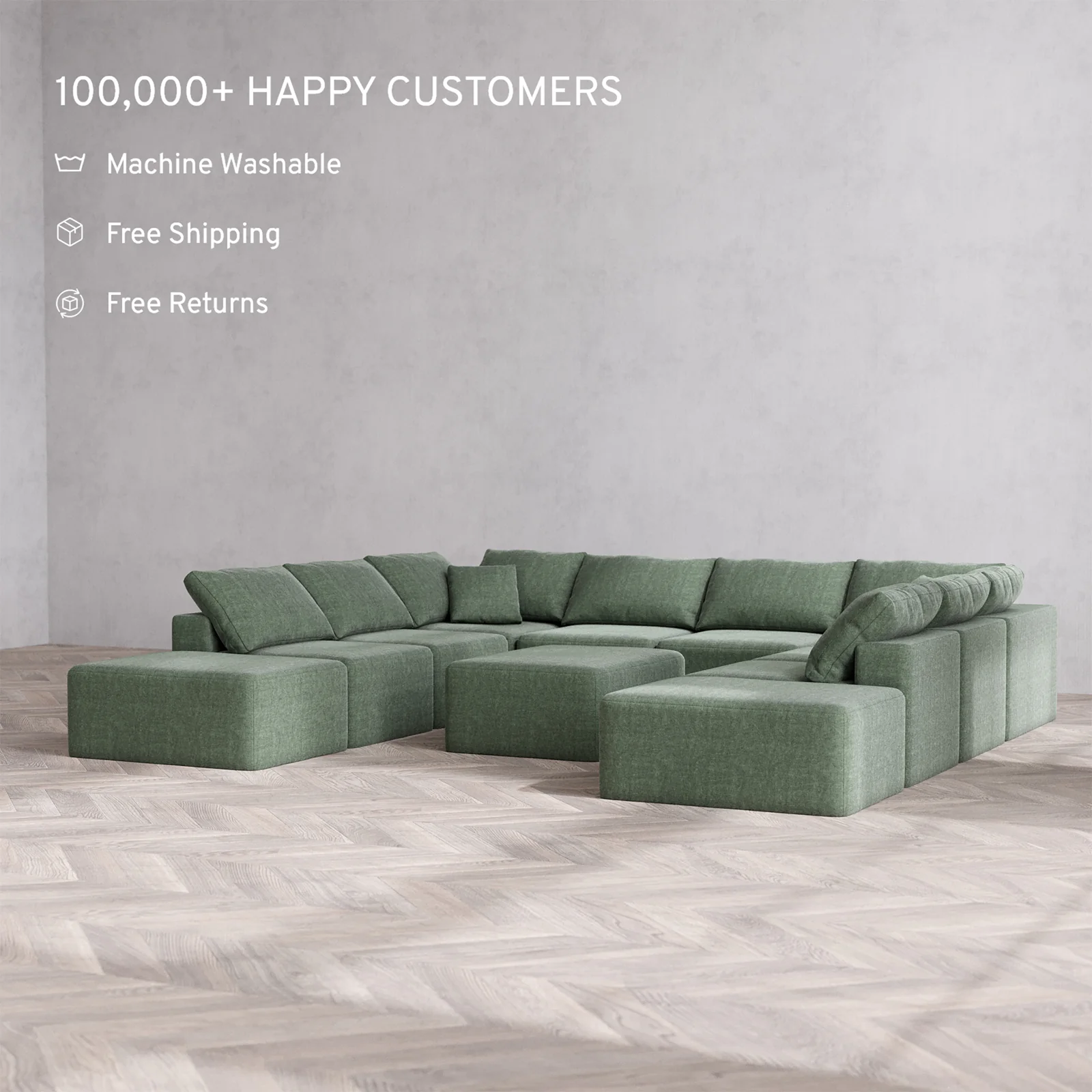 Slipcover Only - Modular Washable 10-Seater Open-Ends U Sectional + Chaise Ottoman Cloud Sofa in Sage - Image 2