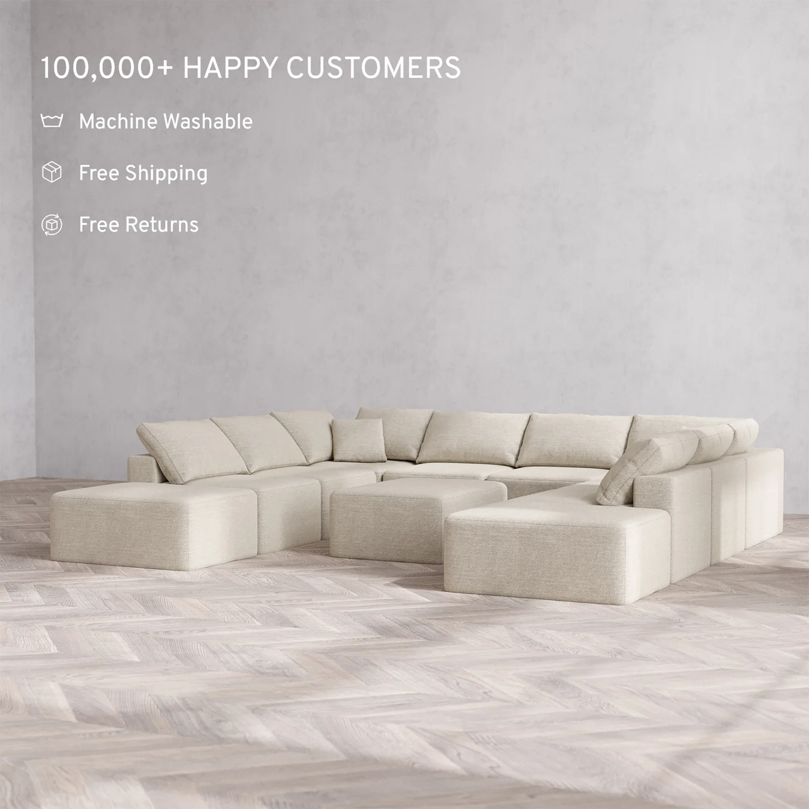Slipcover Only - Modular Washable 10-Seater Open-Ends U Sectional + Chaise Ottoman Cloud Sofa in Sandstone - Image 2