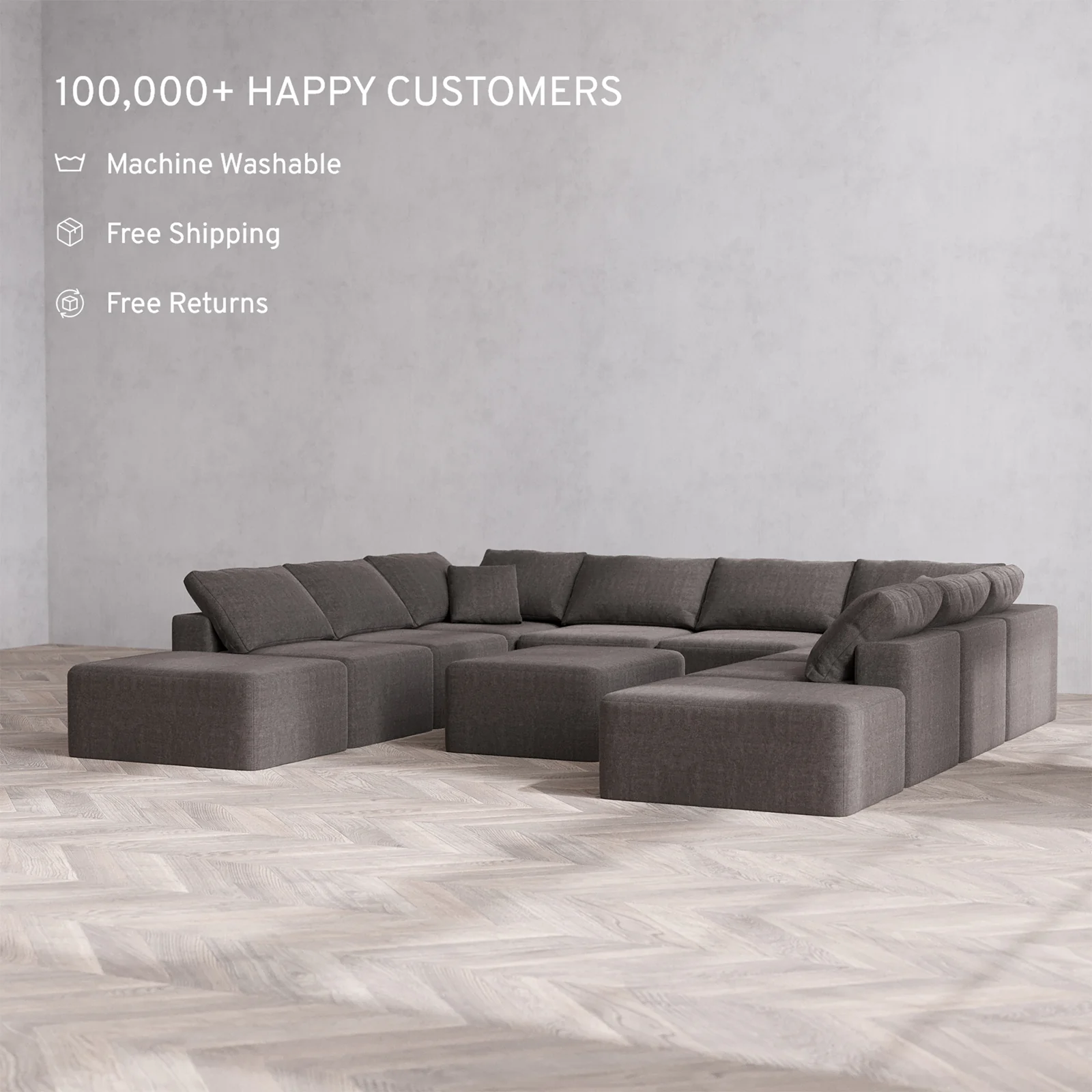 Slipcover Only - Modular Washable 10-Seater Open-Ends U Sectional + Chaise Ottoman Cloud Sofa in Truffle - Image 2
