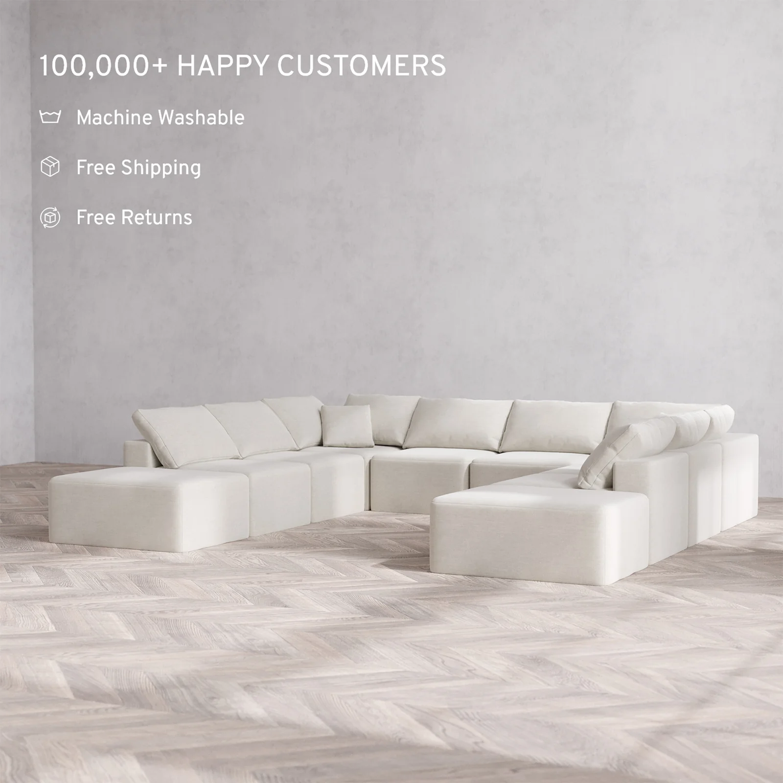 Slipcover Only - Modular Washable 10-Seater Open-Ends U Sectional Cloud Sofa in Cashew - Image 2