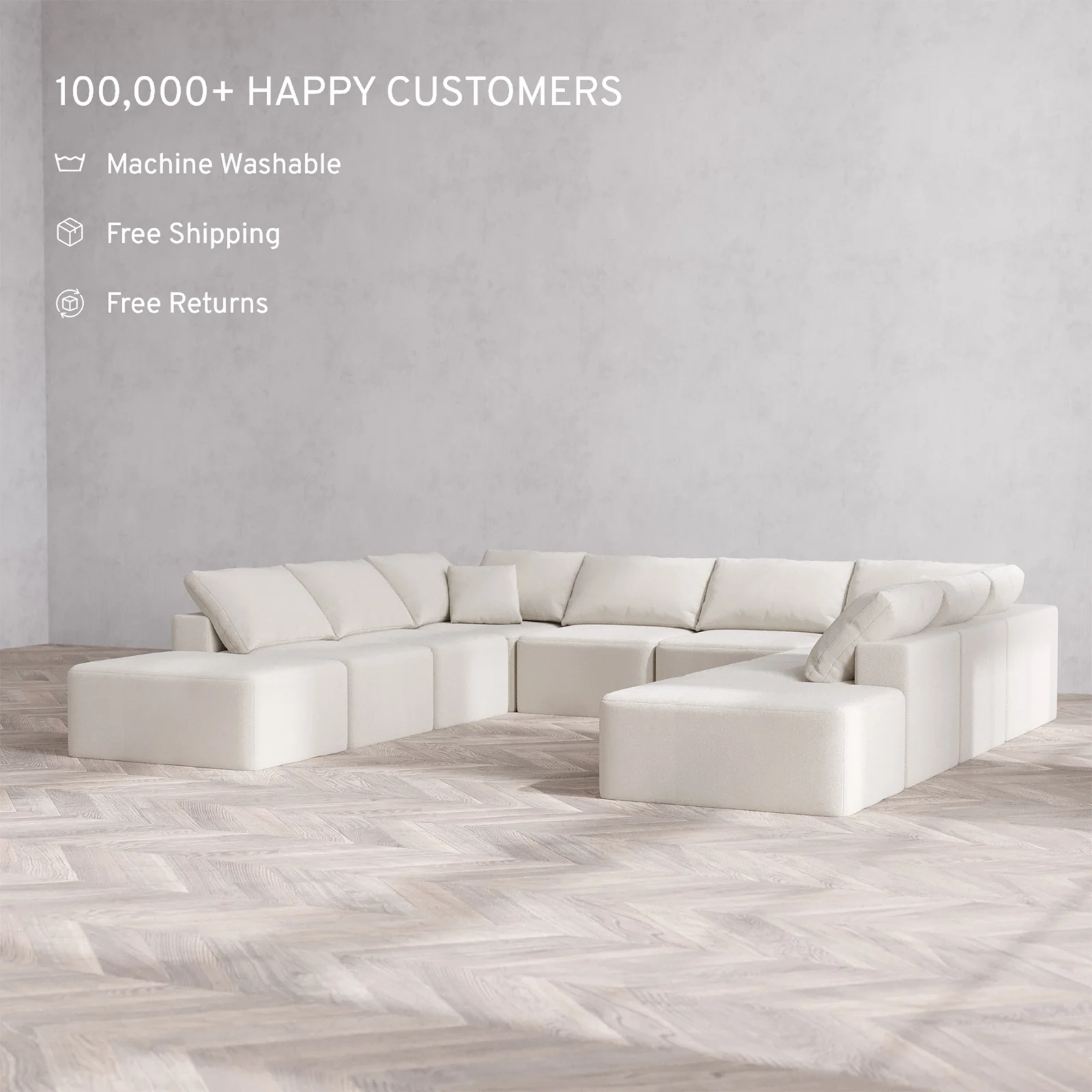 Slipcover Only - Modular Washable 10-Seater Open-Ends U Sectional Cloud Sofa in Pearl - Image 2