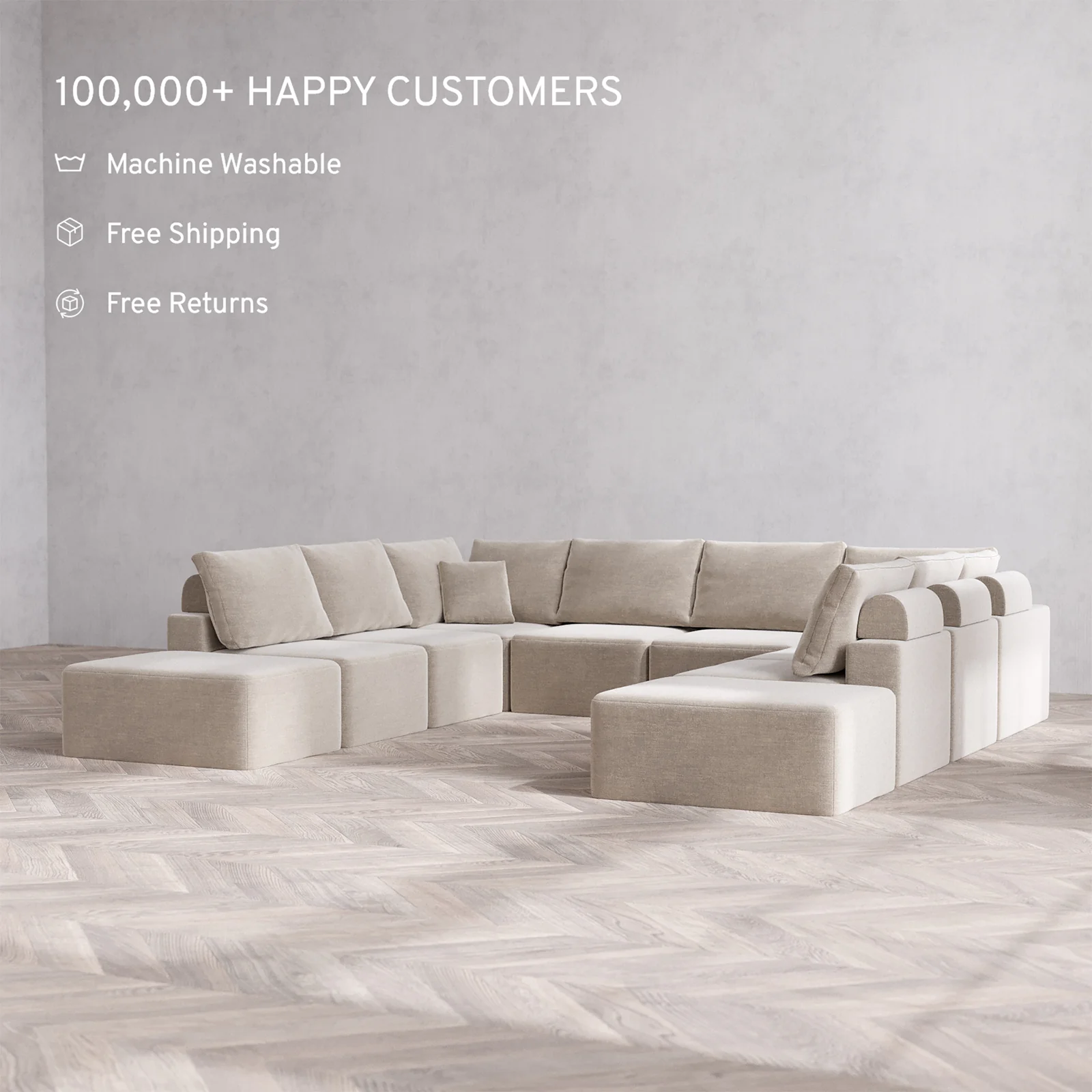 Slipcover Only - Modular Washable 10-Seater Open-Ends U Sectional Cloud + Bolster Sofa in Caraway - Image 2