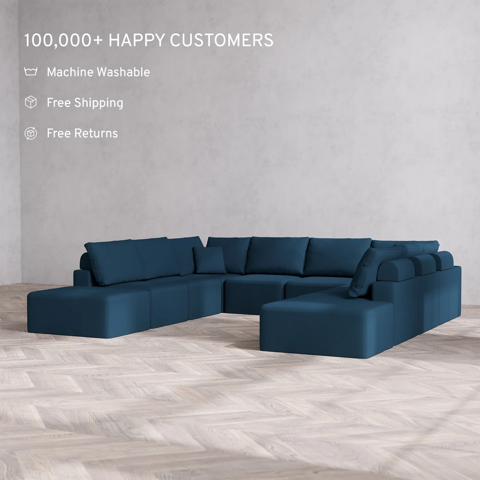 Slipcover Only - Modular Washable 10-Seater Open-Ends U Sectional Cloud + Bolster Sofa in Lazuli - Image 2