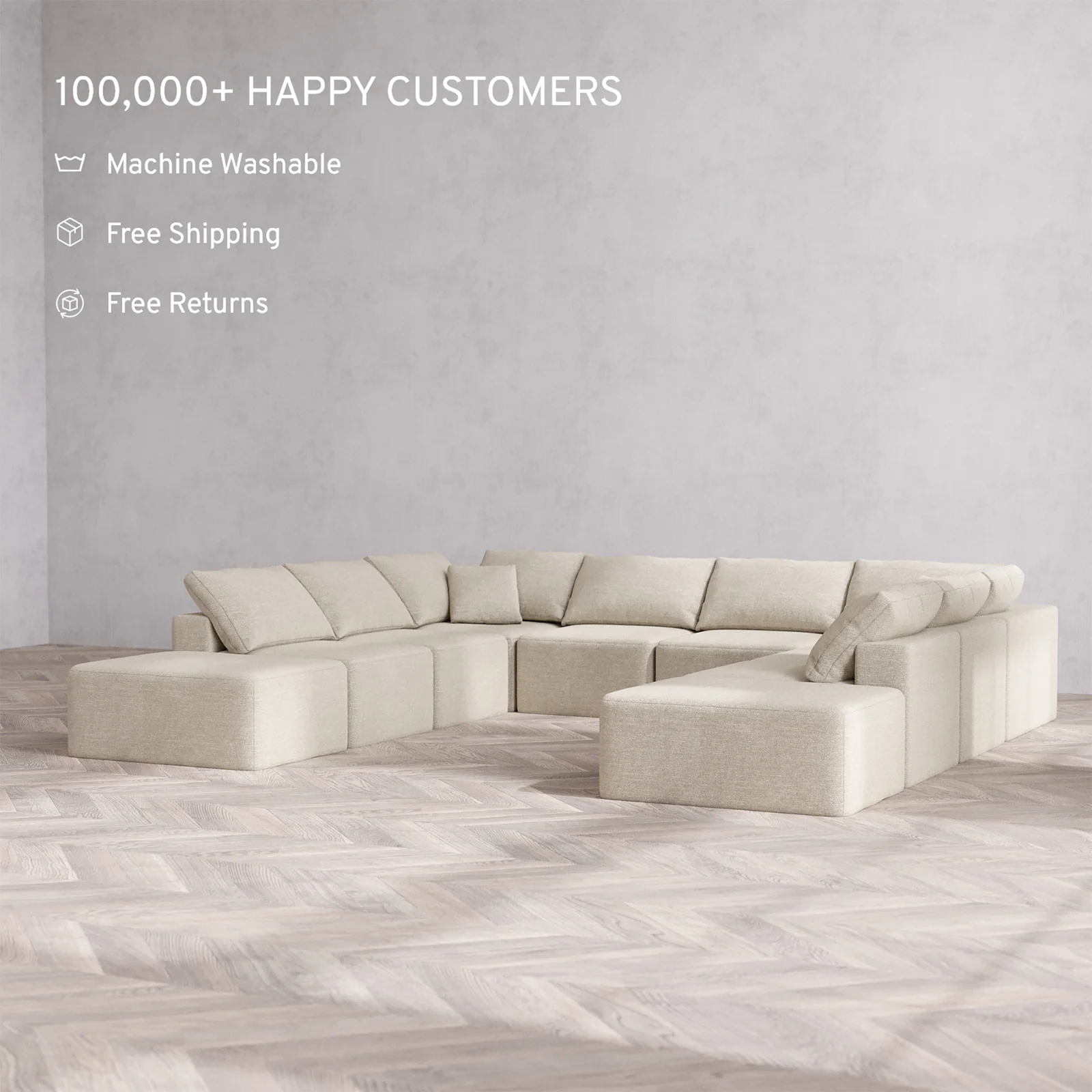 Slipcover Only - Modular Washable 10-Seater Open-Ends U Sectional Cloud Sofa in Sandstone - Image 2