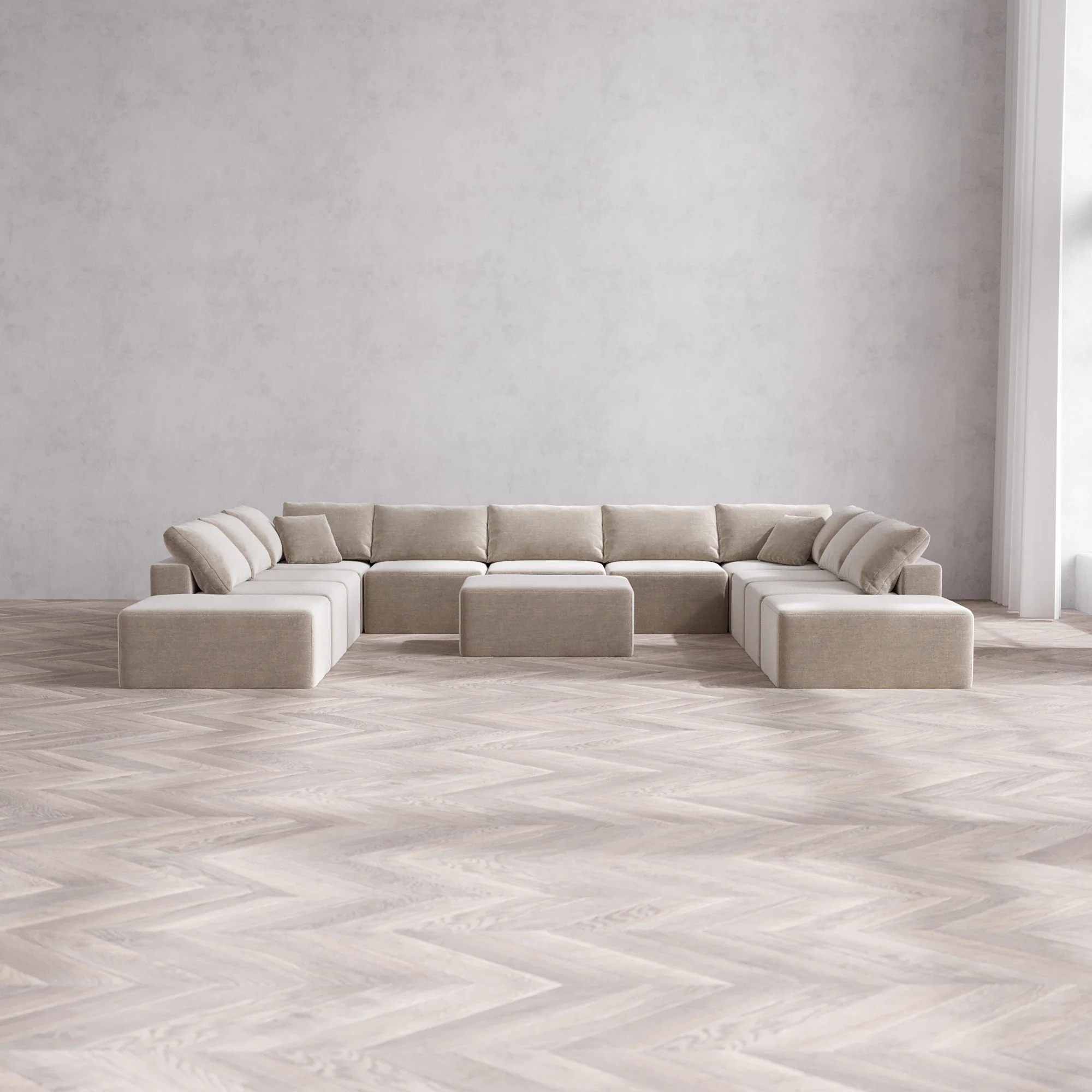 Slipcover Only - Modular Washable 11-Seater Open-Ends U Sectional + Chaise Ottoman Cloud Sofa in Caraway