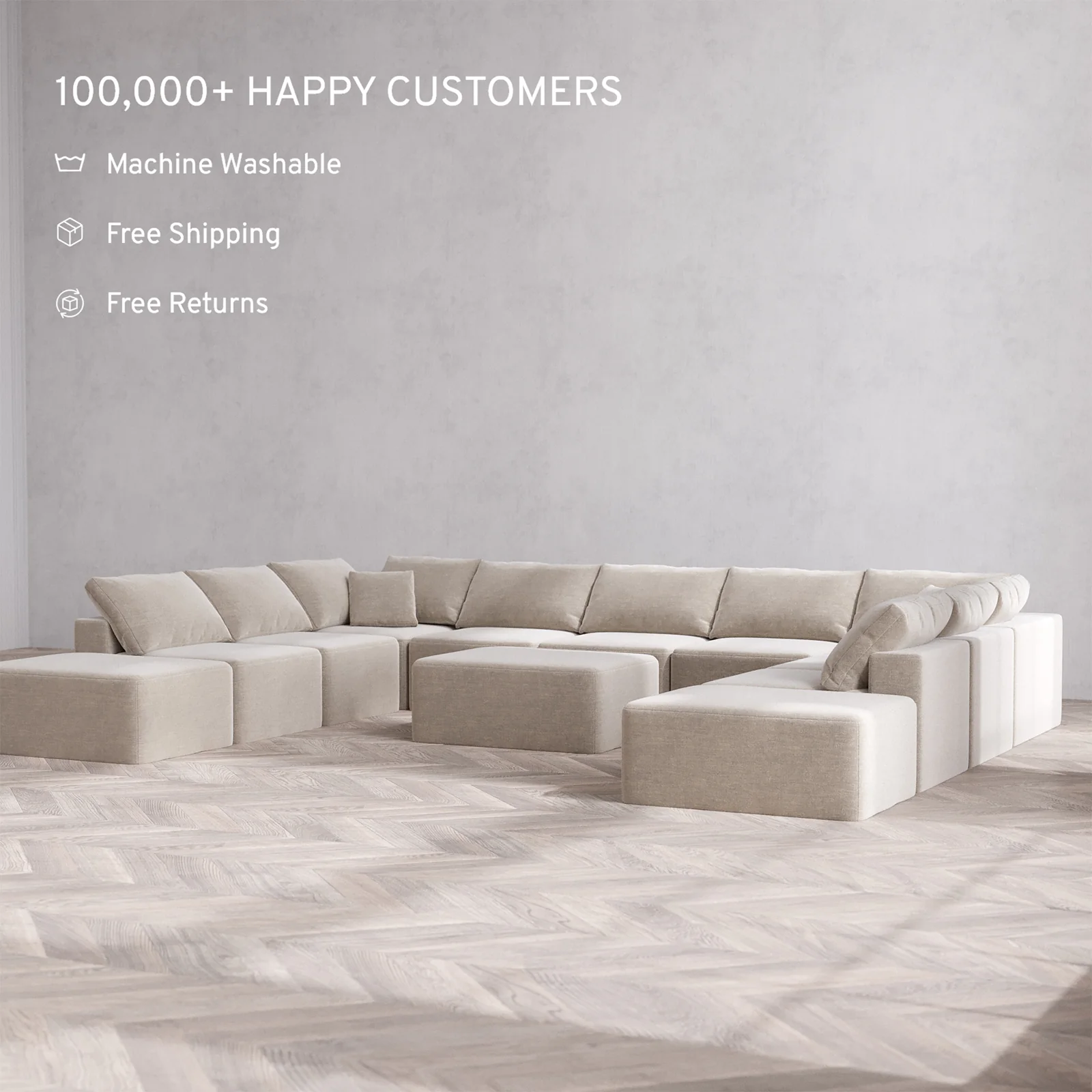 Slipcover Only - Modular Washable 11-Seater Open-Ends U Sectional + Chaise Ottoman Cloud Sofa in Caraway - Image 2
