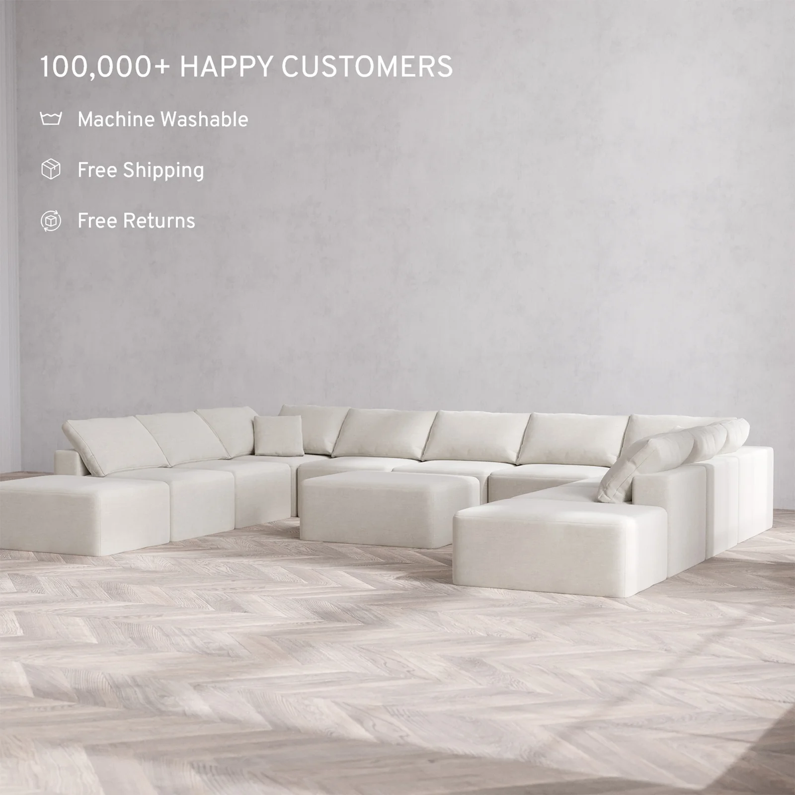 Slipcover Only - Modular Washable 11-Seater Open-Ends U Sectional + Chaise Ottoman Cloud Sofa in Cashew - Image 2