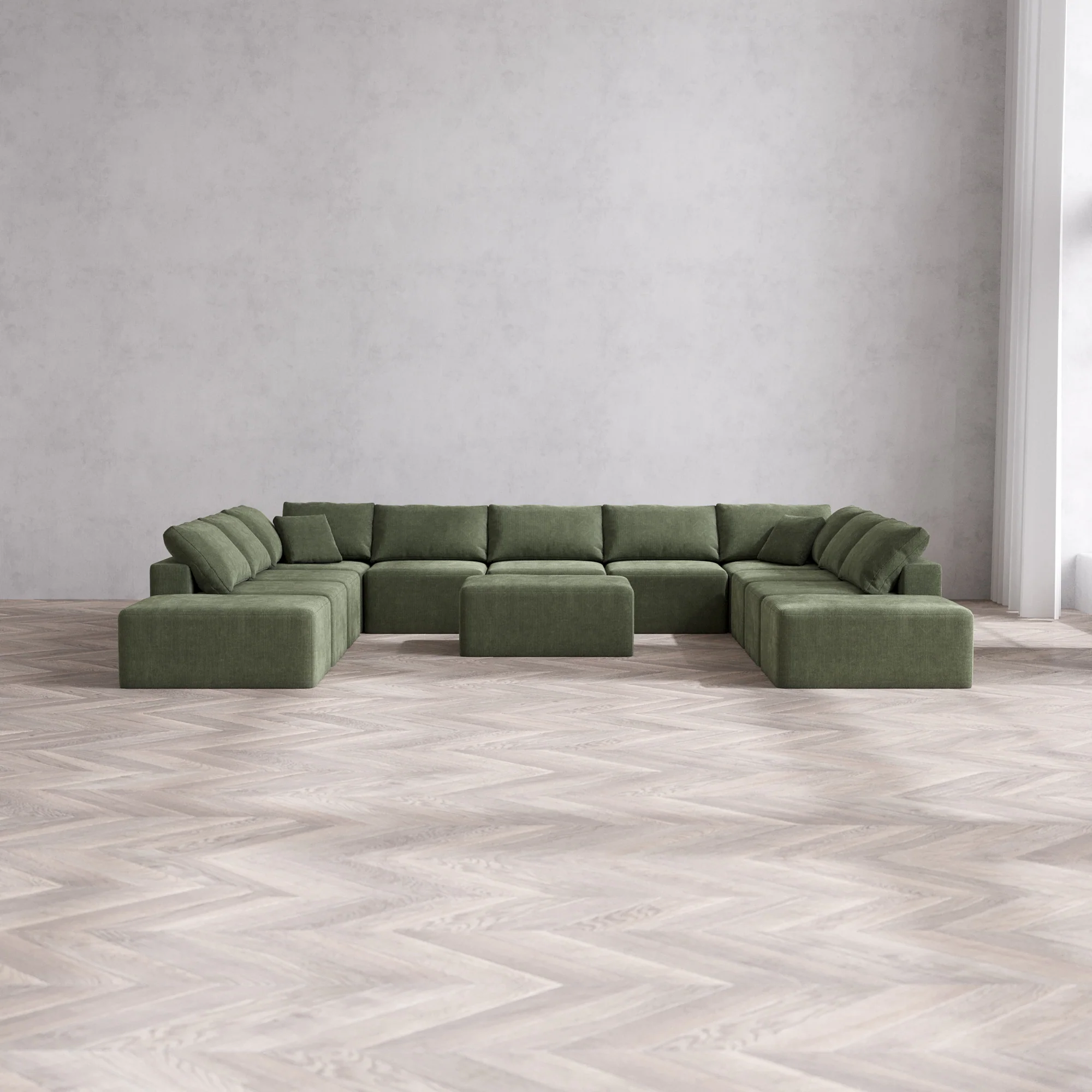 Slipcover Only - Modular Washable 11-Seater Open-Ends U Sectional + Chaise Ottoman Cloud Sofa in Juniper