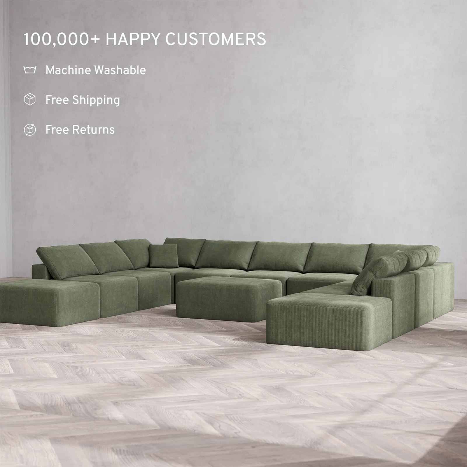 Slipcover Only - Modular Washable 11-Seater Open-Ends U Sectional + Chaise Ottoman Cloud Sofa in Juniper - Image 2