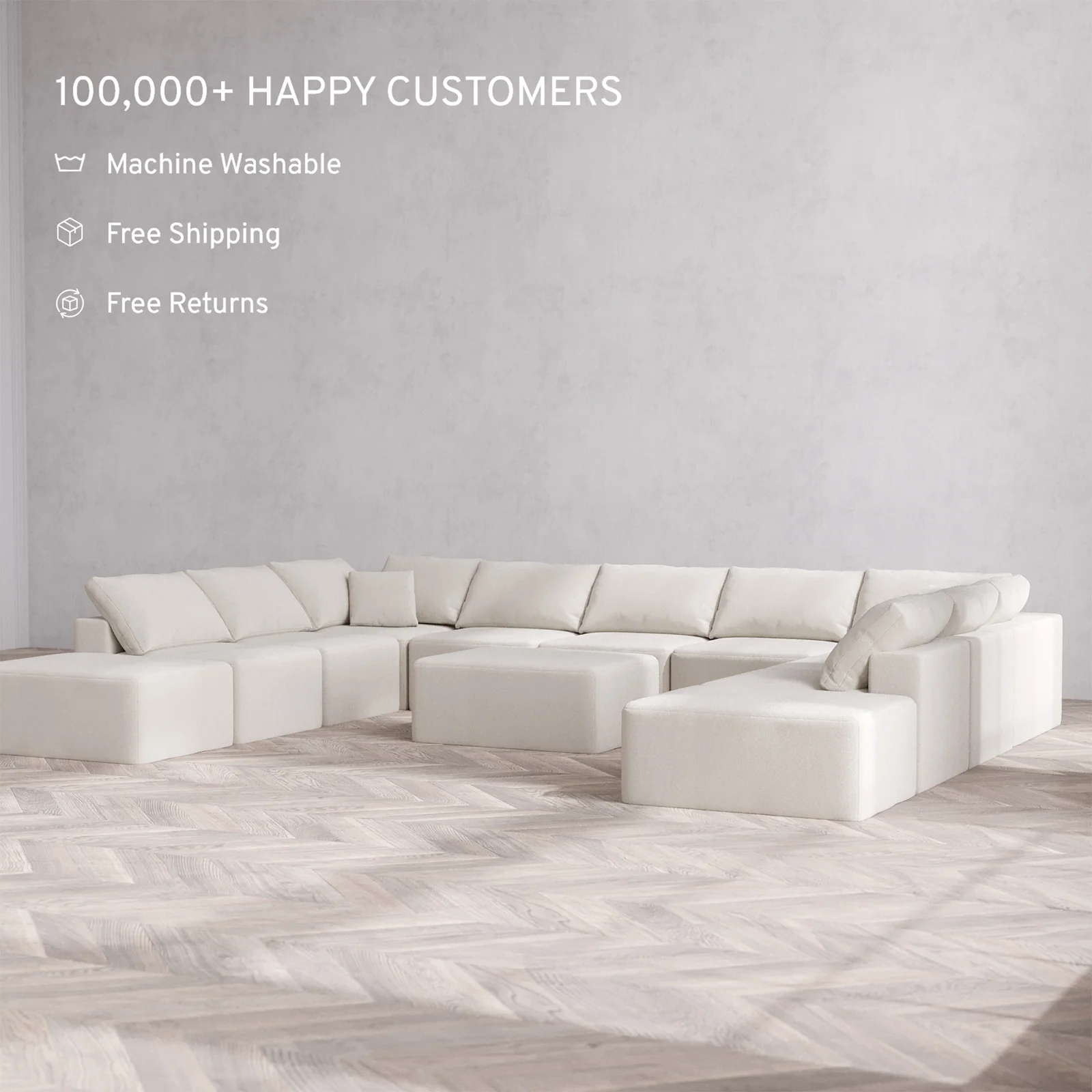 Slipcover Only - Modular Washable 11-Seater Open-Ends U Sectional + Chaise Ottoman Cloud Sofa in Pearl - Image 2