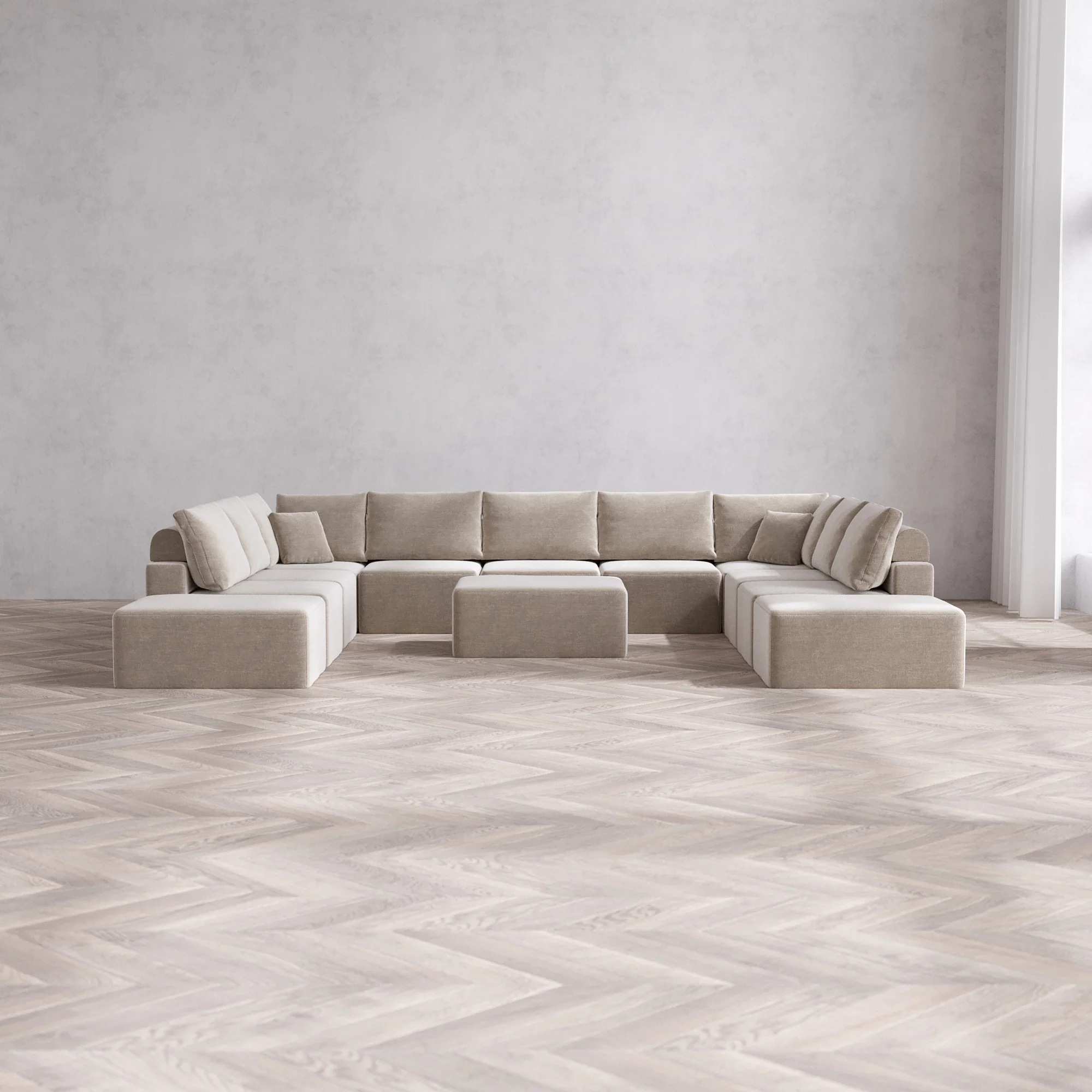 Slipcover Only - Modular Washable 11-Seater Open-Ends U Sectional + Chaise Ottoman Cloud + Bolster Sofa in Caraway