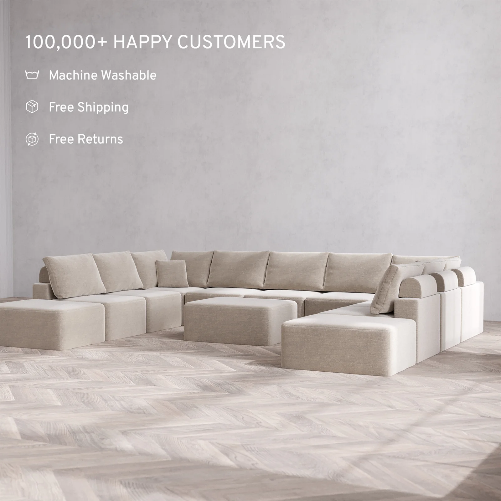 Slipcover Only - Modular Washable 11-Seater Open-Ends U Sectional + Chaise Ottoman Cloud + Bolster Sofa in Caraway - Image 2