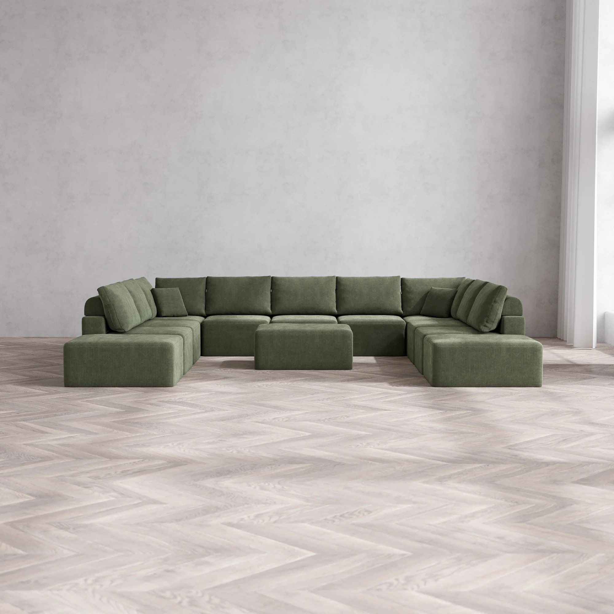 Slipcover Only - Modular Washable 11-Seater Open-Ends U Sectional + Chaise Ottoman Cloud + Bolster Sofa in Juniper