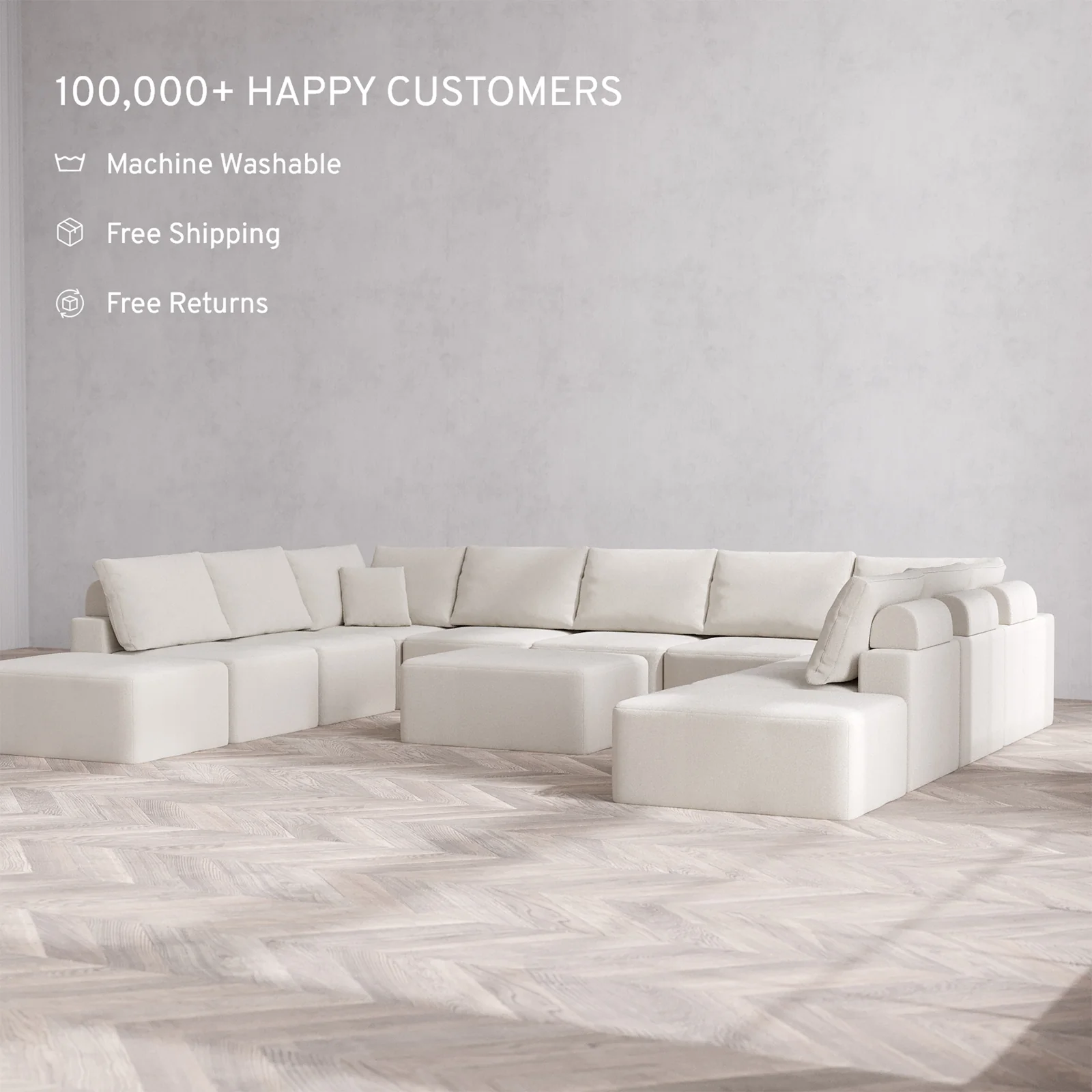 Slipcover Only - Modular Washable 11-Seater Open-Ends U Sectional + Chaise Ottoman Cloud + Bolster Sofa in Pearl - Image 2