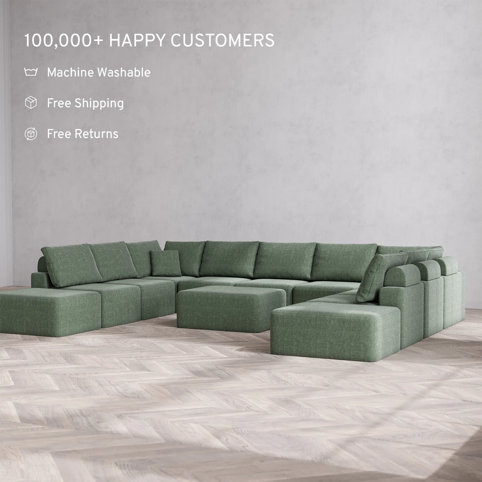 Slipcover Only - Modular Washable 11-Seater Open-Ends U Sectional + Chaise Ottoman Cloud + Bolster Sofa in Sage - Image 2