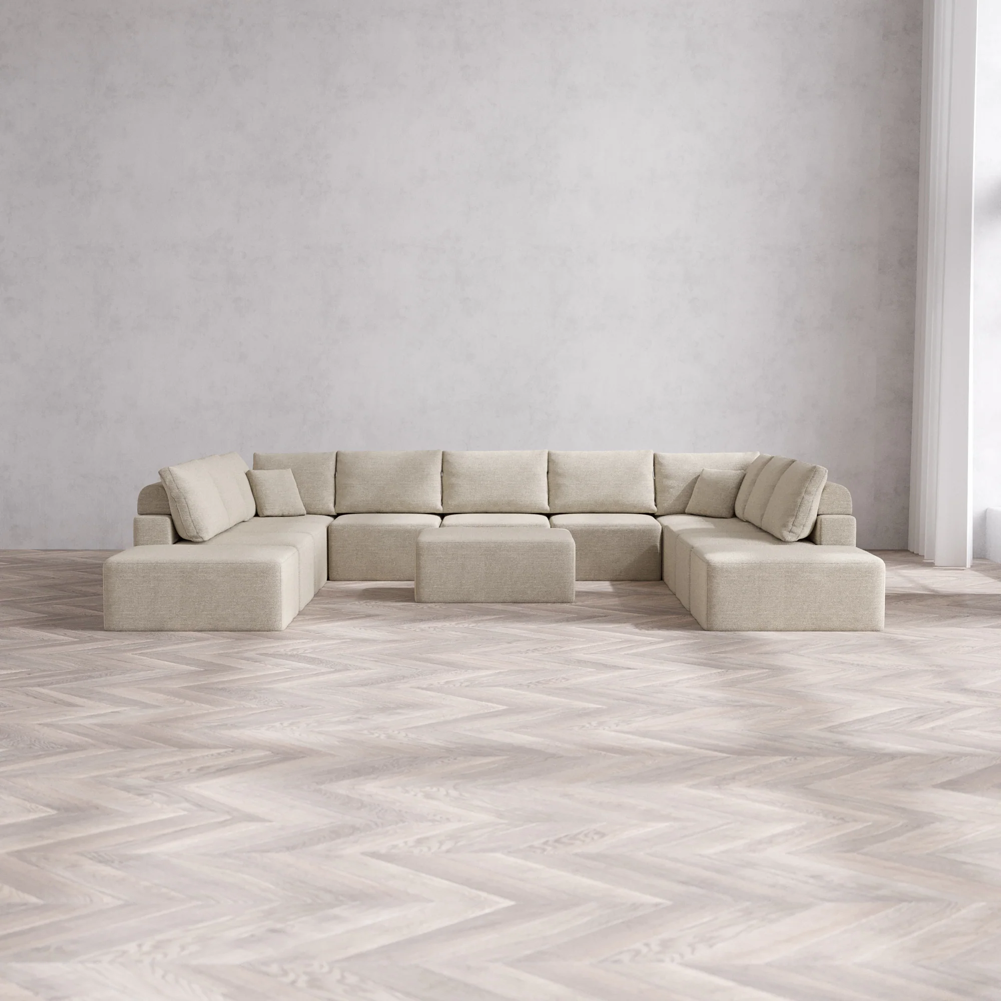 Slipcover Only - Modular Washable 11-Seater Open-Ends U Sectional + Chaise Ottoman Cloud + Bolster Sofa in Sandstone