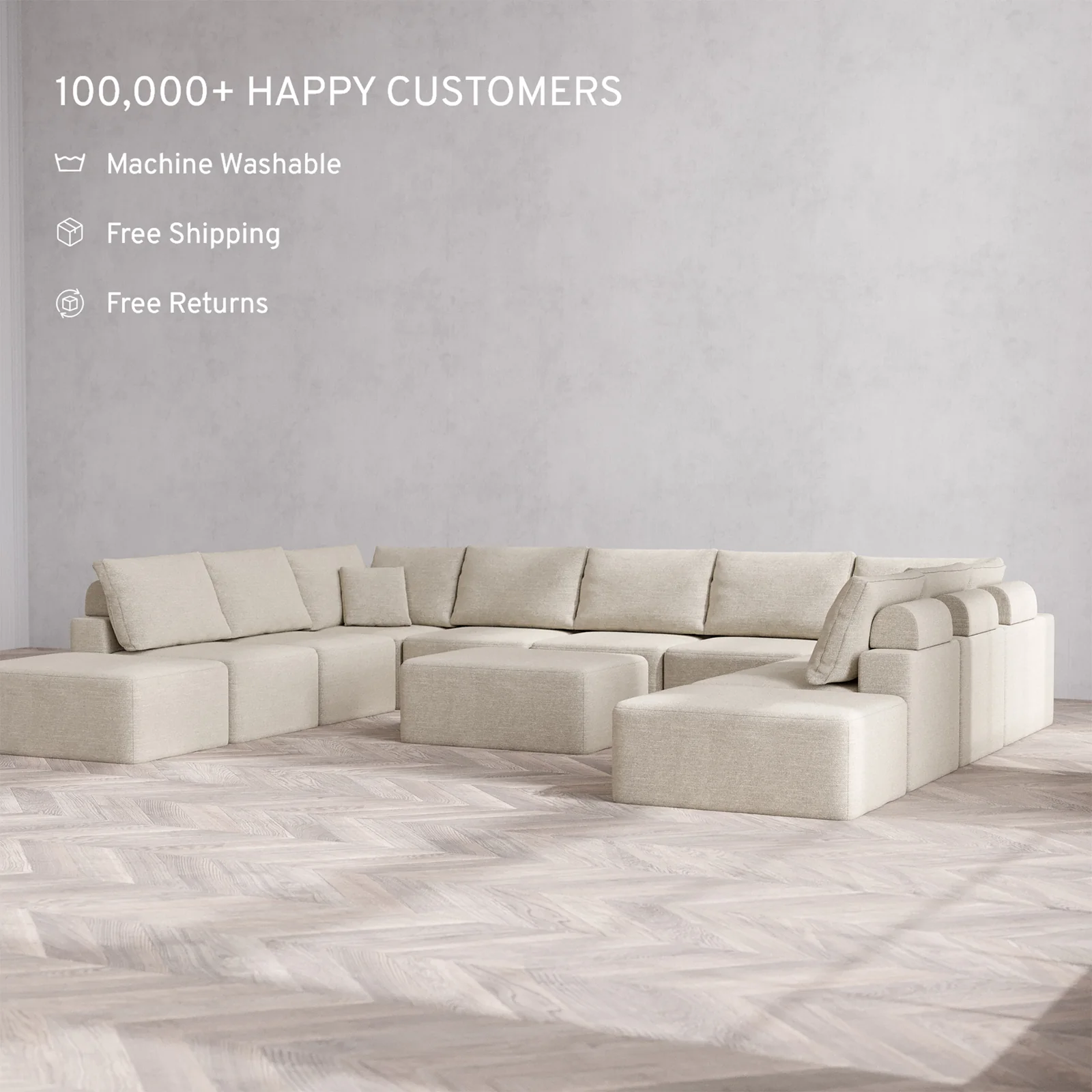 Slipcover Only - Modular Washable 11-Seater Open-Ends U Sectional + Chaise Ottoman Cloud + Bolster Sofa in Sandstone - Image 2