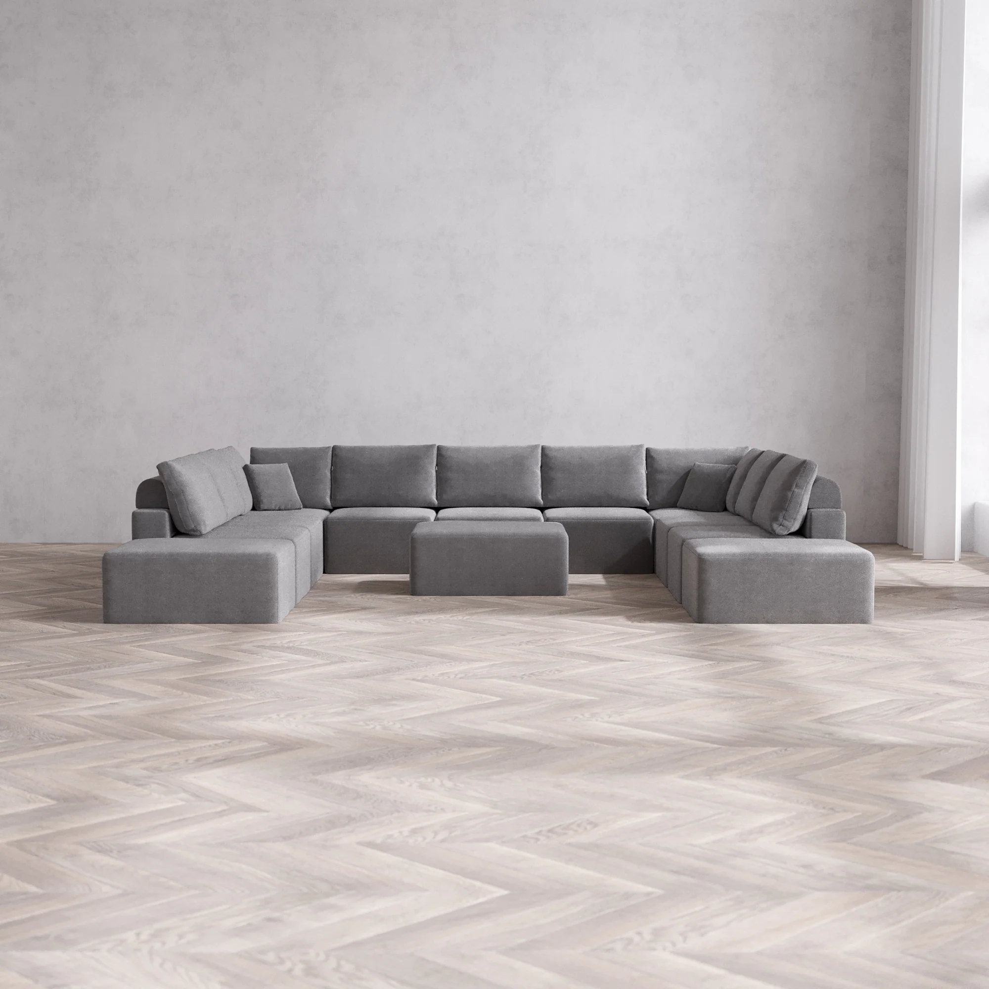 Slipcover Only - Modular Washable 11-Seater Open-Ends U Sectional + Chaise Ottoman Cloud + Bolster Sofa in Slate