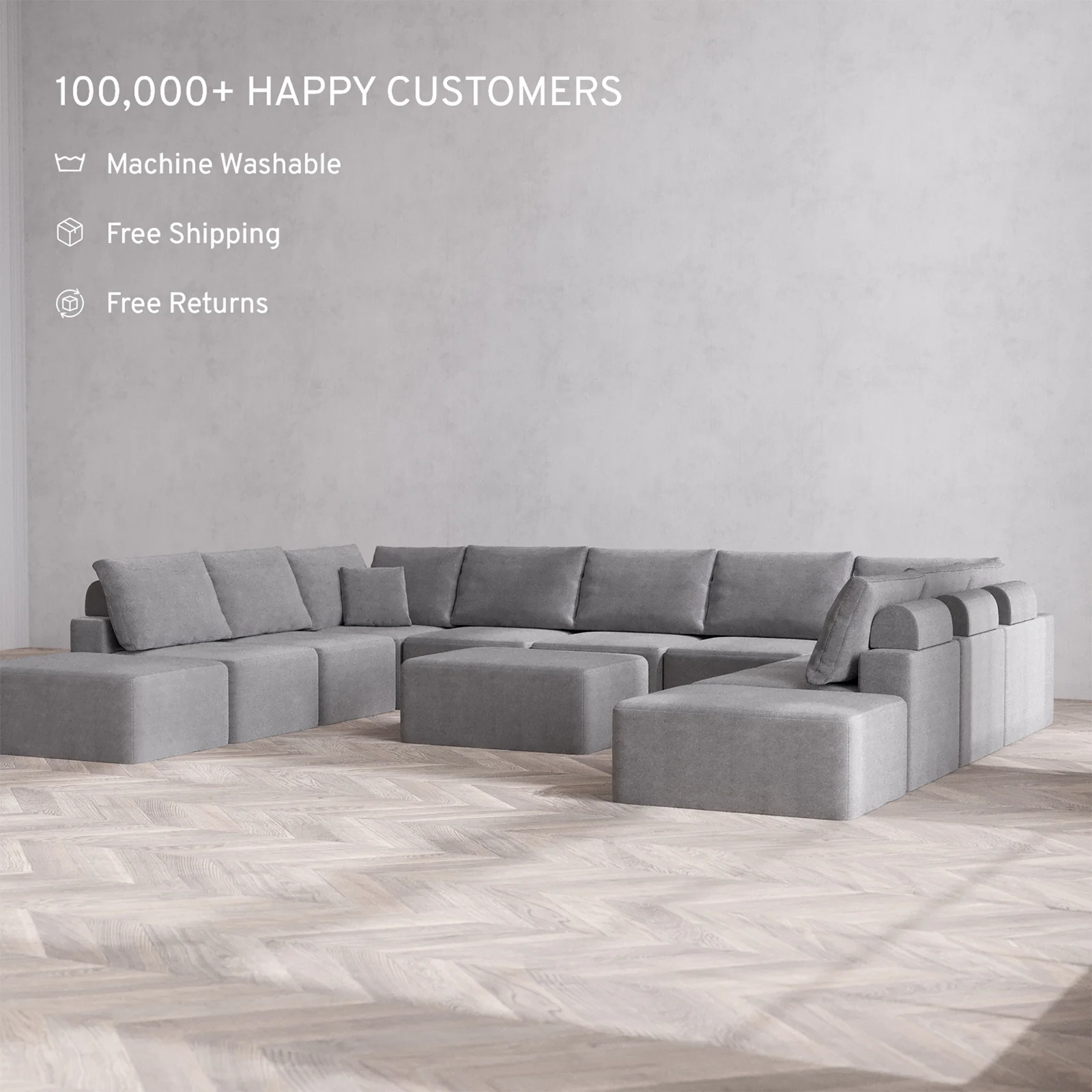 Slipcover Only - Modular Washable 11-Seater Open-Ends U Sectional + Chaise Ottoman Cloud + Bolster Sofa in Slate - Image 2