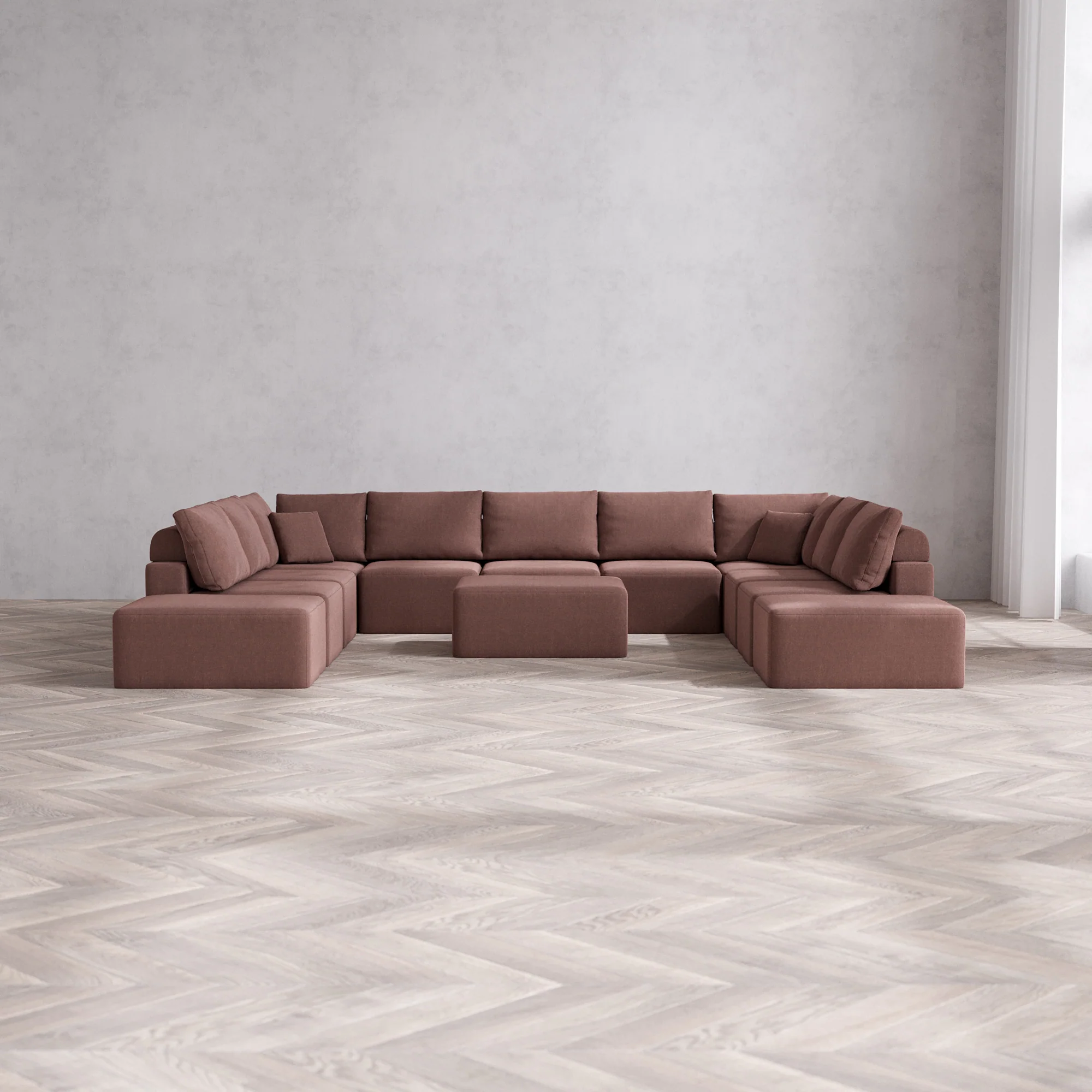 Slipcover Only - Modular Washable 11-Seater Open-Ends U Sectional + Chaise Ottoman Cloud + Bolster Sofa in Sumac