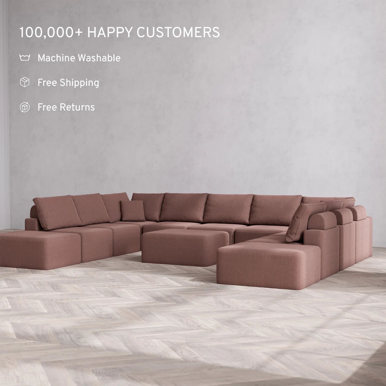 Slipcover Only - Modular Washable 11-Seater Open-Ends U Sectional + Chaise Ottoman Cloud + Bolster Sofa in Sumac - Image 2