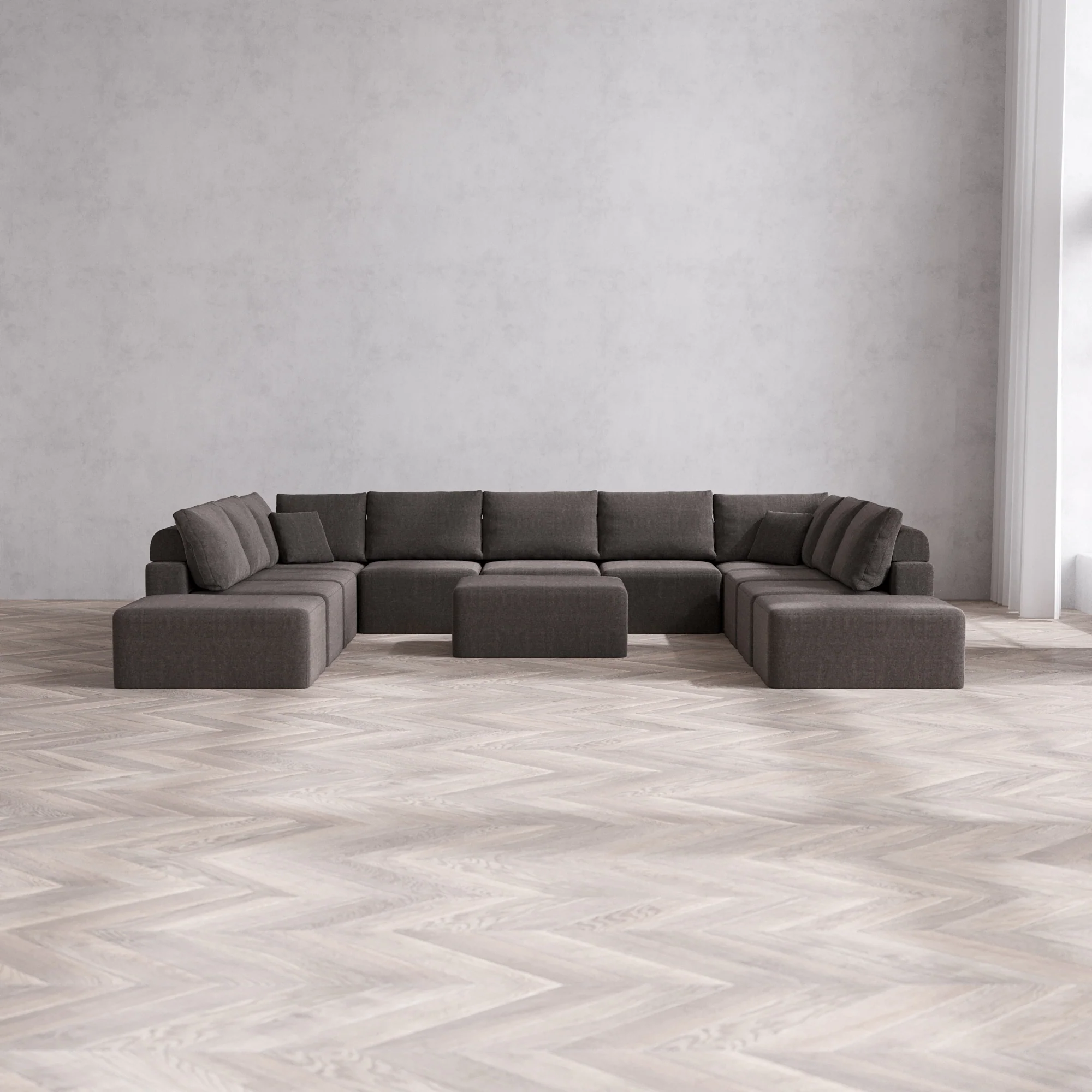 Slipcover Only - Modular Washable 11-Seater Open-Ends U Sectional + Chaise Ottoman Cloud + Bolster Sofa in Truffle