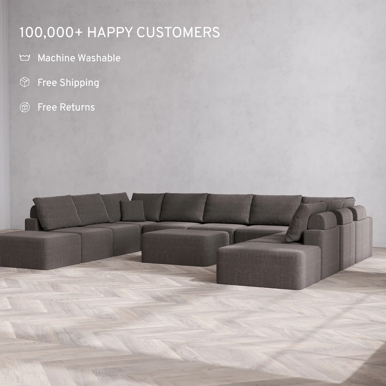 Slipcover Only - Modular Washable 11-Seater Open-Ends U Sectional + Chaise Ottoman Cloud + Bolster Sofa in Truffle - Image 2