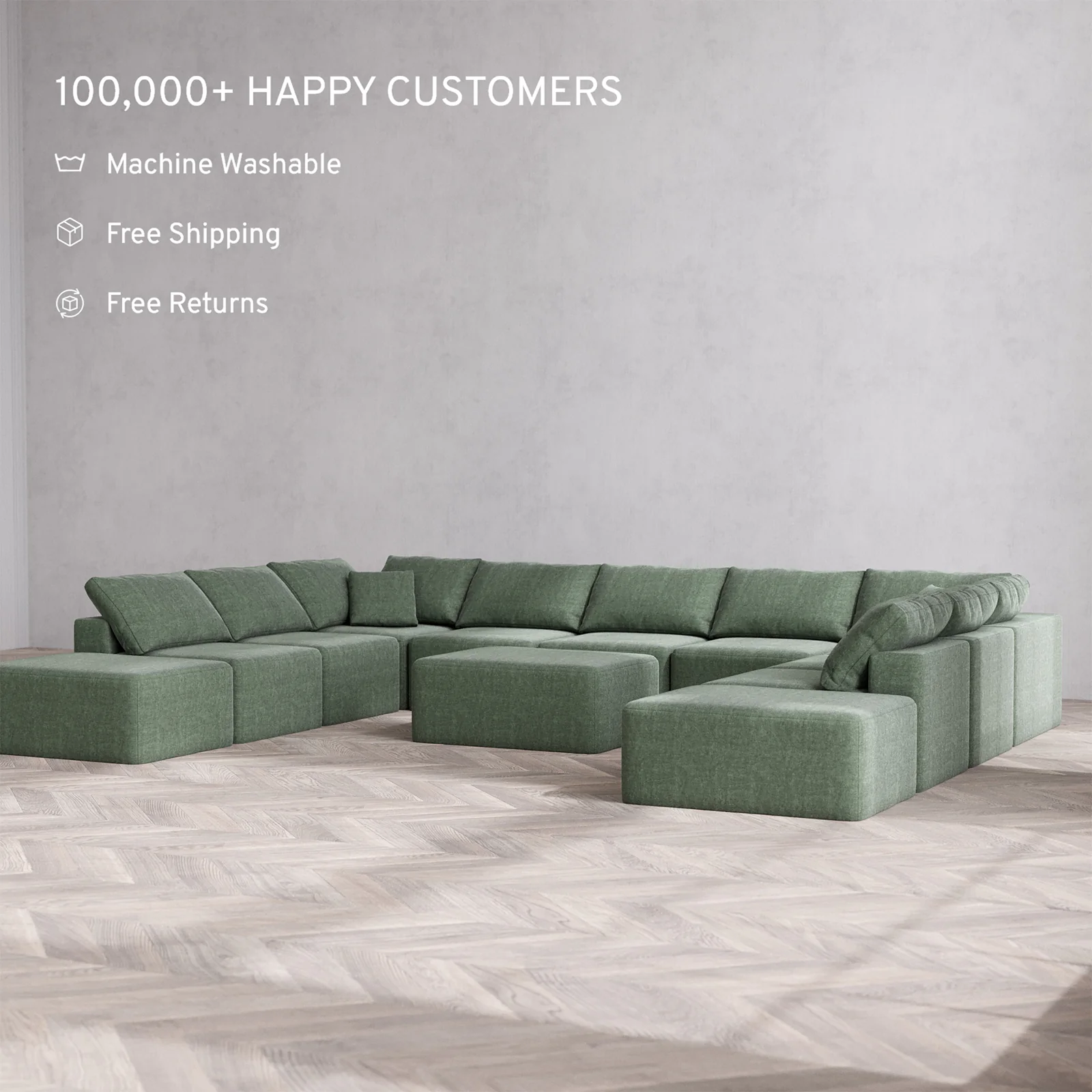 Slipcover Only - Modular Washable 11-Seater Open-Ends U Sectional + Chaise Ottoman Cloud Sofa in Sage - Image 2
