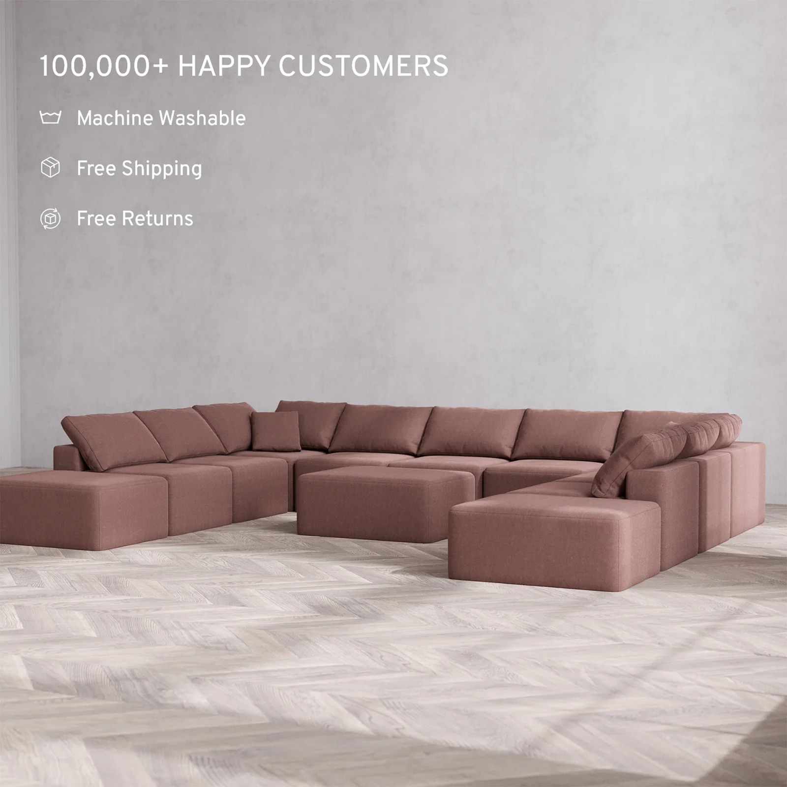 Slipcover Only - Modular Washable 11-Seater Open-Ends U Sectional + Chaise Ottoman Cloud Sofa in Sumac - Image 2