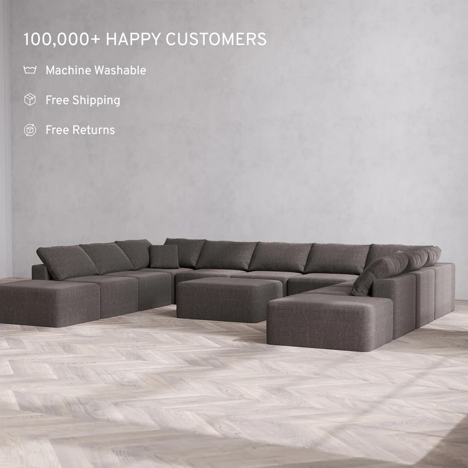 Slipcover Only - Modular Washable 11-Seater Open-Ends U Sectional + Chaise Ottoman Cloud Sofa in Truffle - Image 2