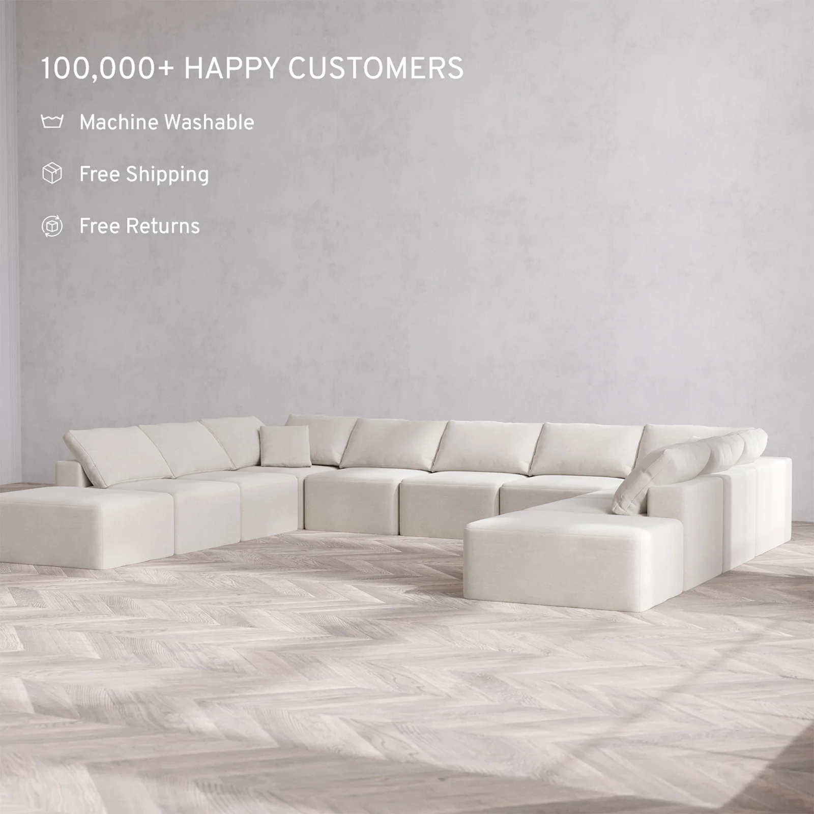 Slipcover Only - Modular Washable 11-Seater Open-Ends U Sectional Cloud Sofa in Cashew - Image 2