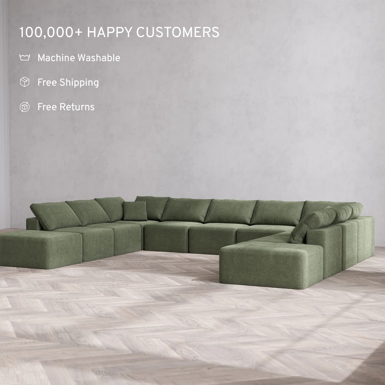 Slipcover Only - Modular Washable 11-Seater Open-Ends U Sectional Cloud Sofa in Juniper - Image 2