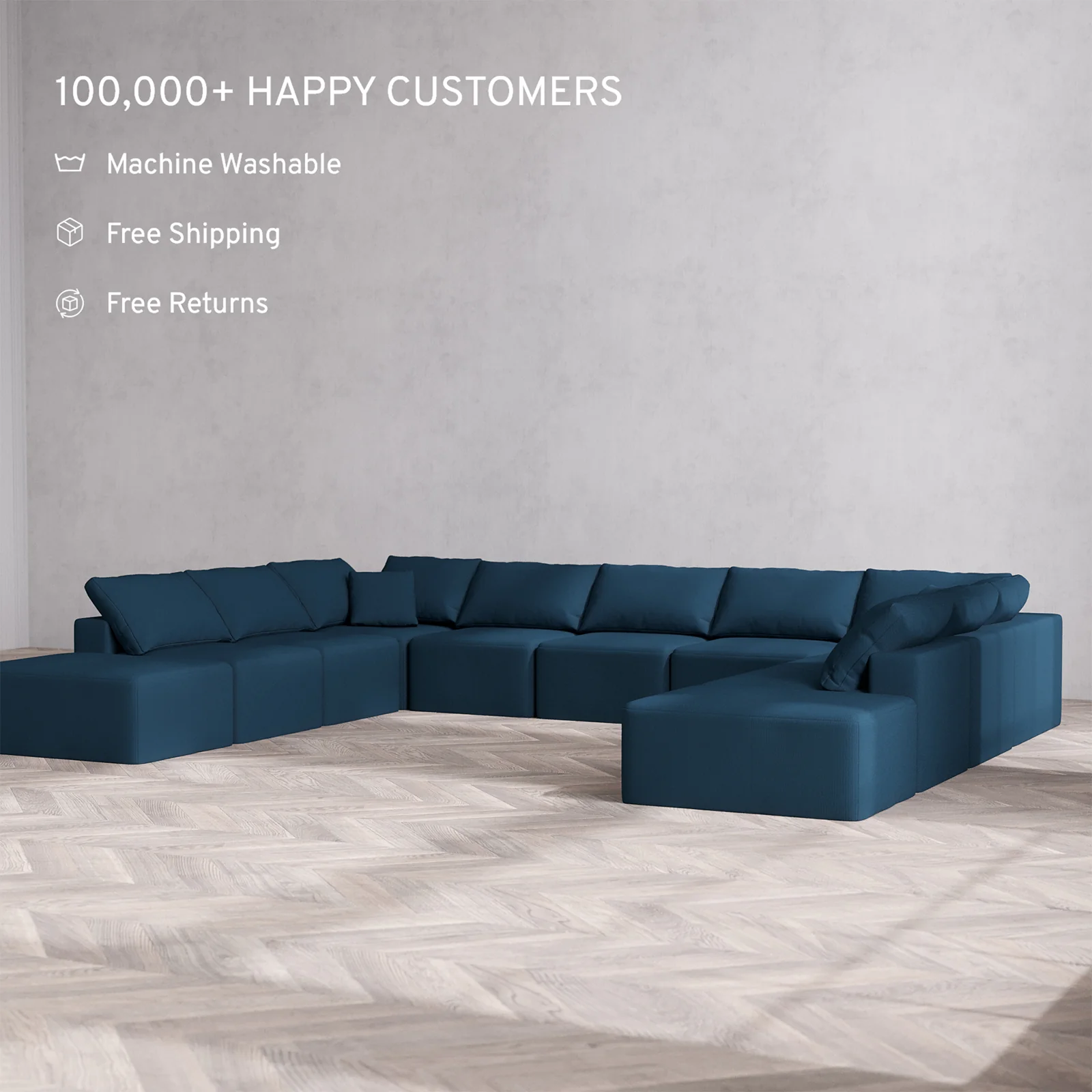 Slipcover Only - Modular Washable 11-Seater Open-Ends U Sectional Cloud Sofa in Lazuli - Image 2
