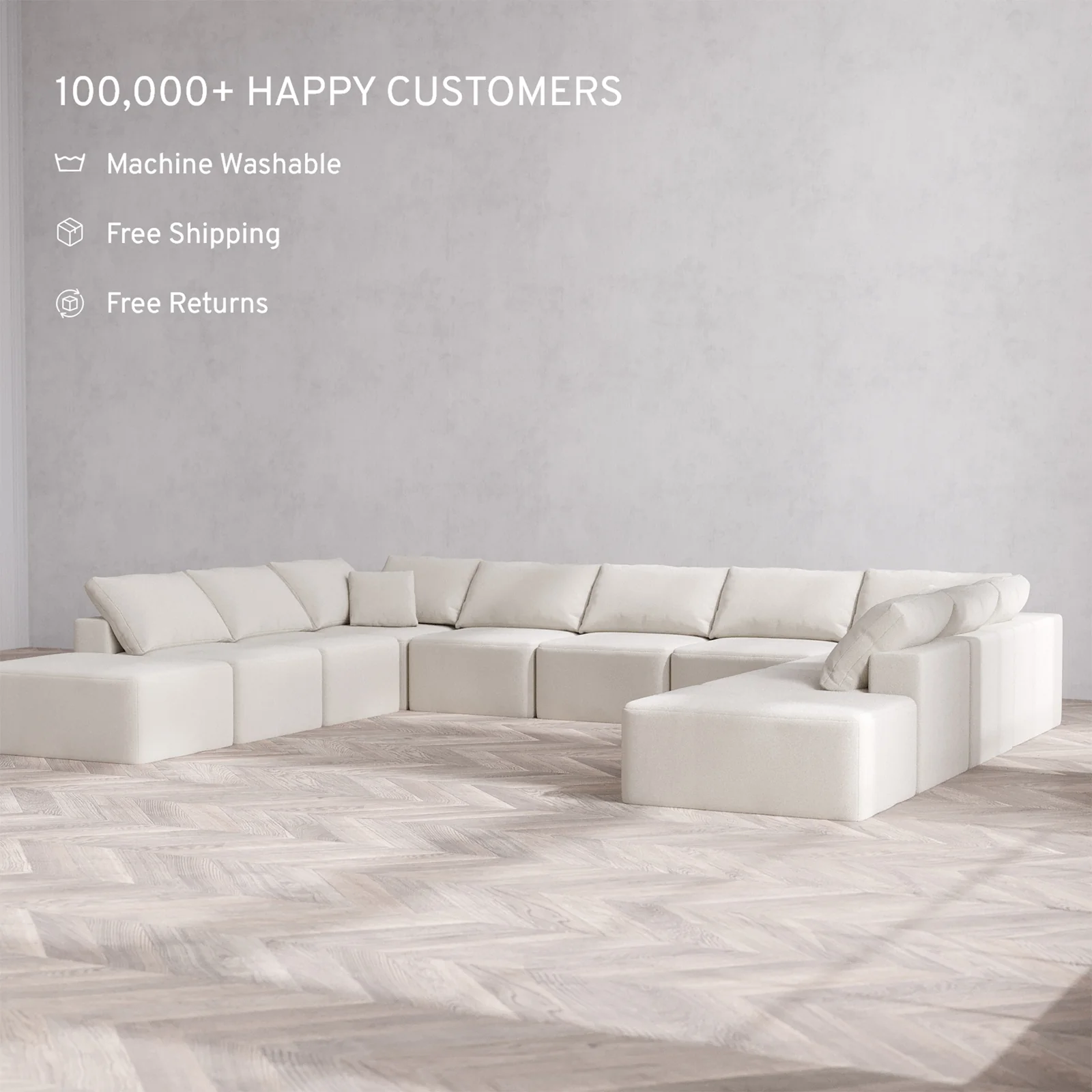 Slipcover Only - Modular Washable 11-Seater Open-Ends U Sectional Cloud Sofa in Pearl - Image 2