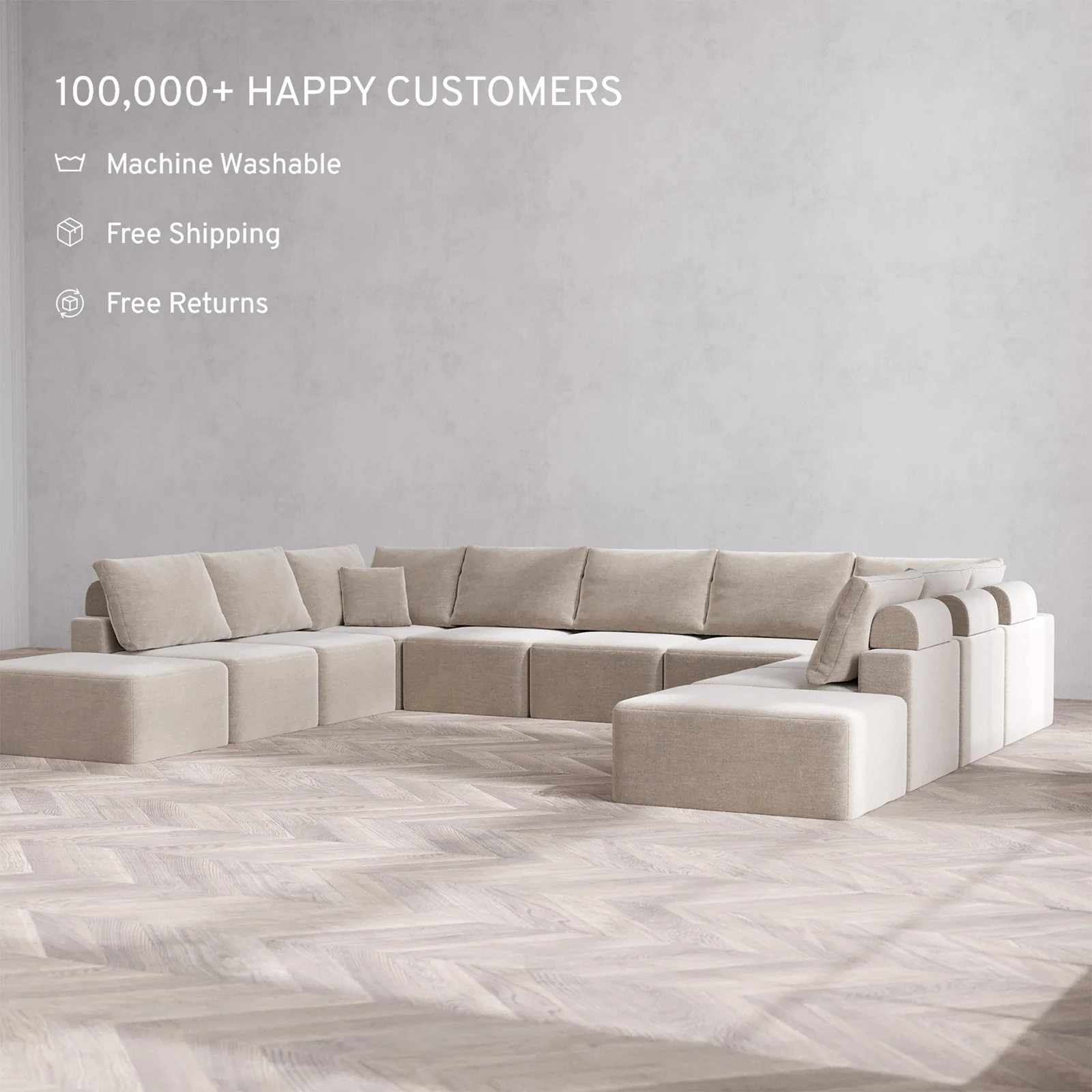 Slipcover Only - Modular Washable 11-Seater Open-Ends U Sectional Cloud + Bolster Sofa in Caraway - Image 2