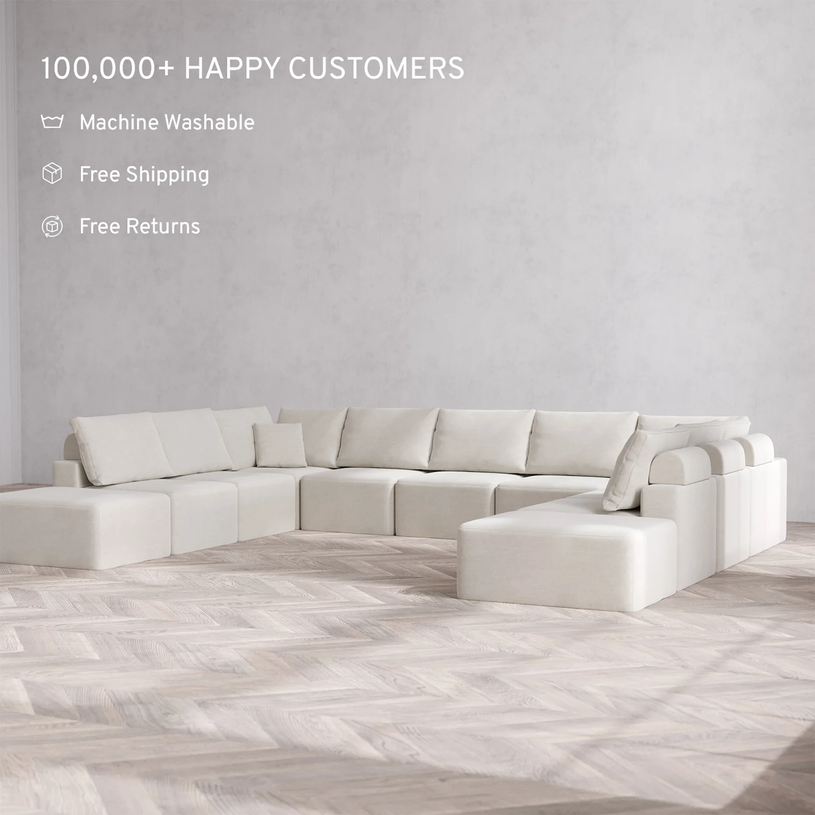 Slipcover Only - Modular Washable 11-Seater Open-Ends U Sectional Cloud + Bolster Sofa in Cashew - Image 2