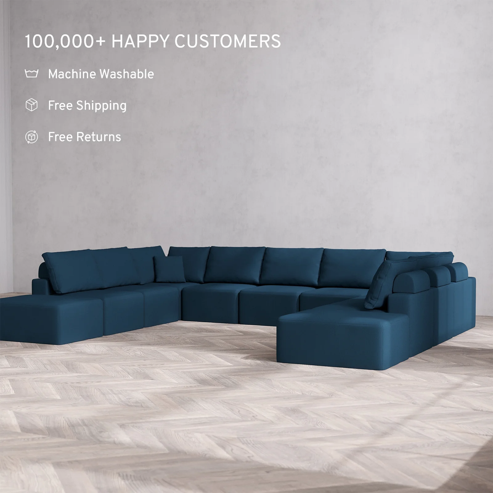 Slipcover Only - Modular Washable 11-Seater Open-Ends U Sectional Cloud + Bolster Sofa in Lazuli - Image 2