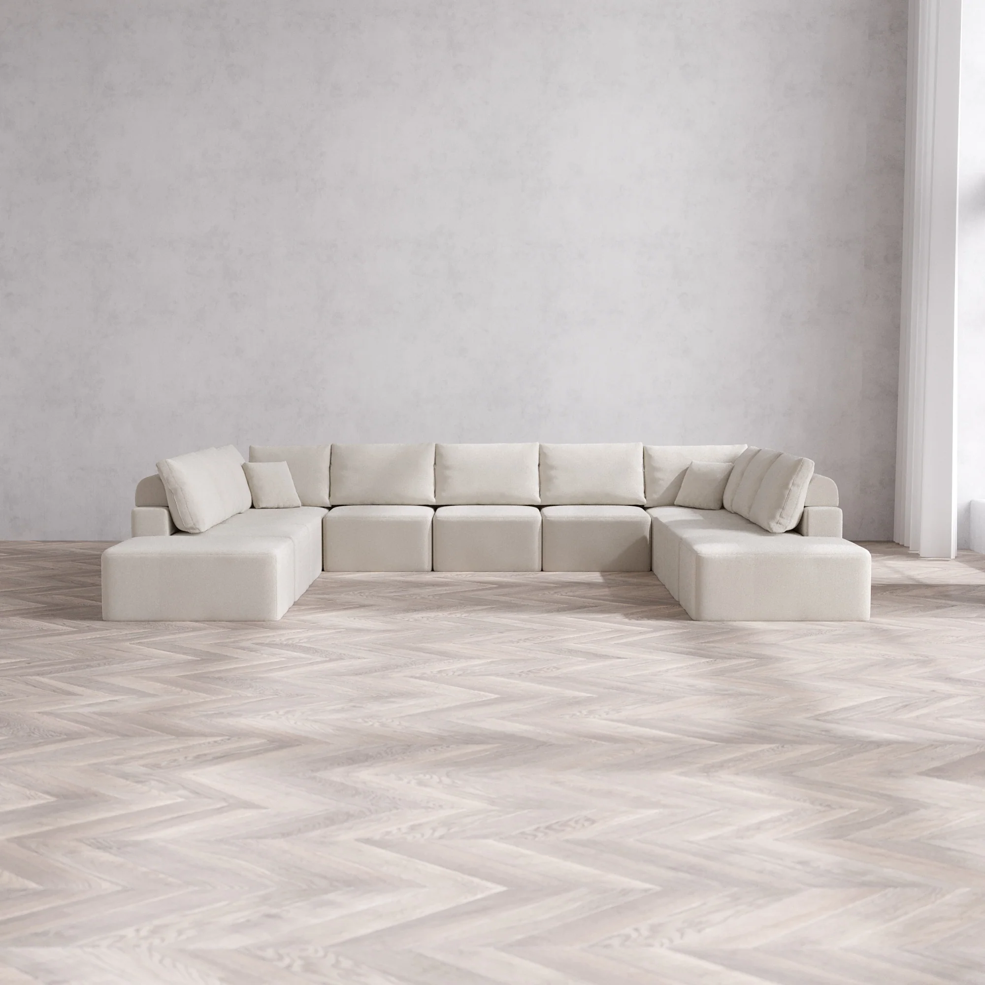 Slipcover Only - Modular Washable 11-Seater Open-Ends U Sectional Cloud + Bolster Sofa in Pearl