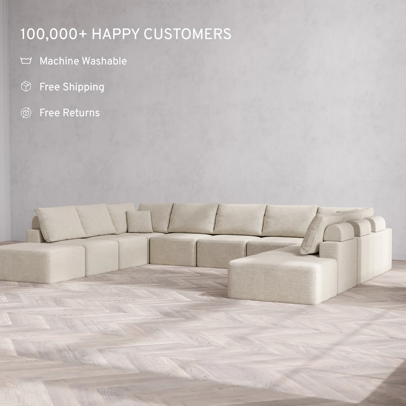 Slipcover Only - Modular Washable 11-Seater Open-Ends U Sectional Cloud + Bolster Sofa in Sandstone - Image 2