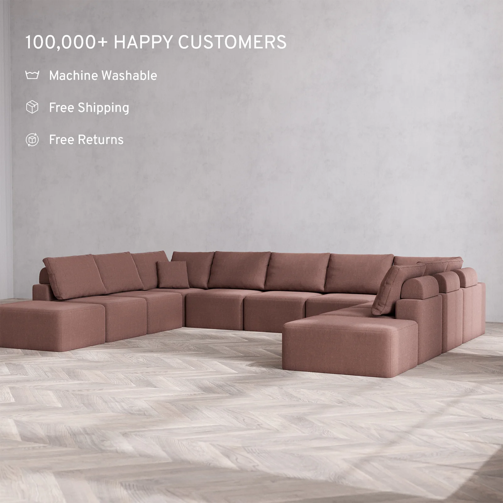 Slipcover Only - Modular Washable 11-Seater Open-Ends U Sectional Cloud + Bolster Sofa in Sumac - Image 2