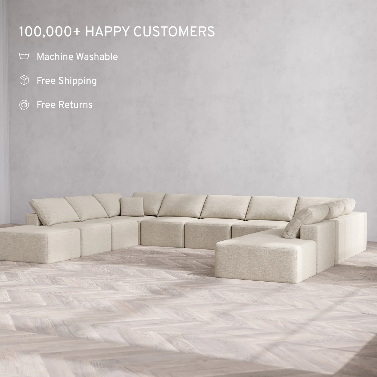 Slipcover Only - Modular Washable 11-Seater Open-Ends U Sectional Cloud Sofa in Sandstone - Image 2