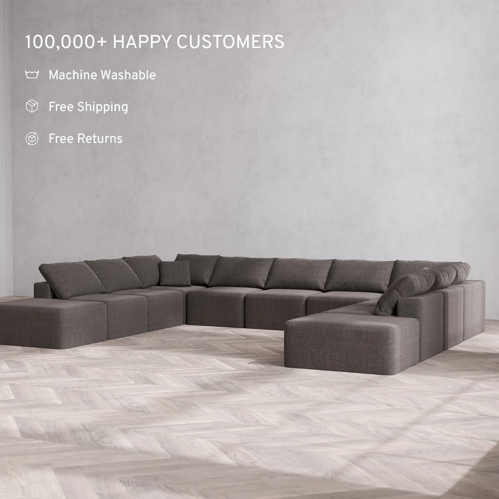 Slipcover Only - Modular Washable 11-Seater Open-Ends U Sectional Cloud Sofa in Truffle - Image 2
