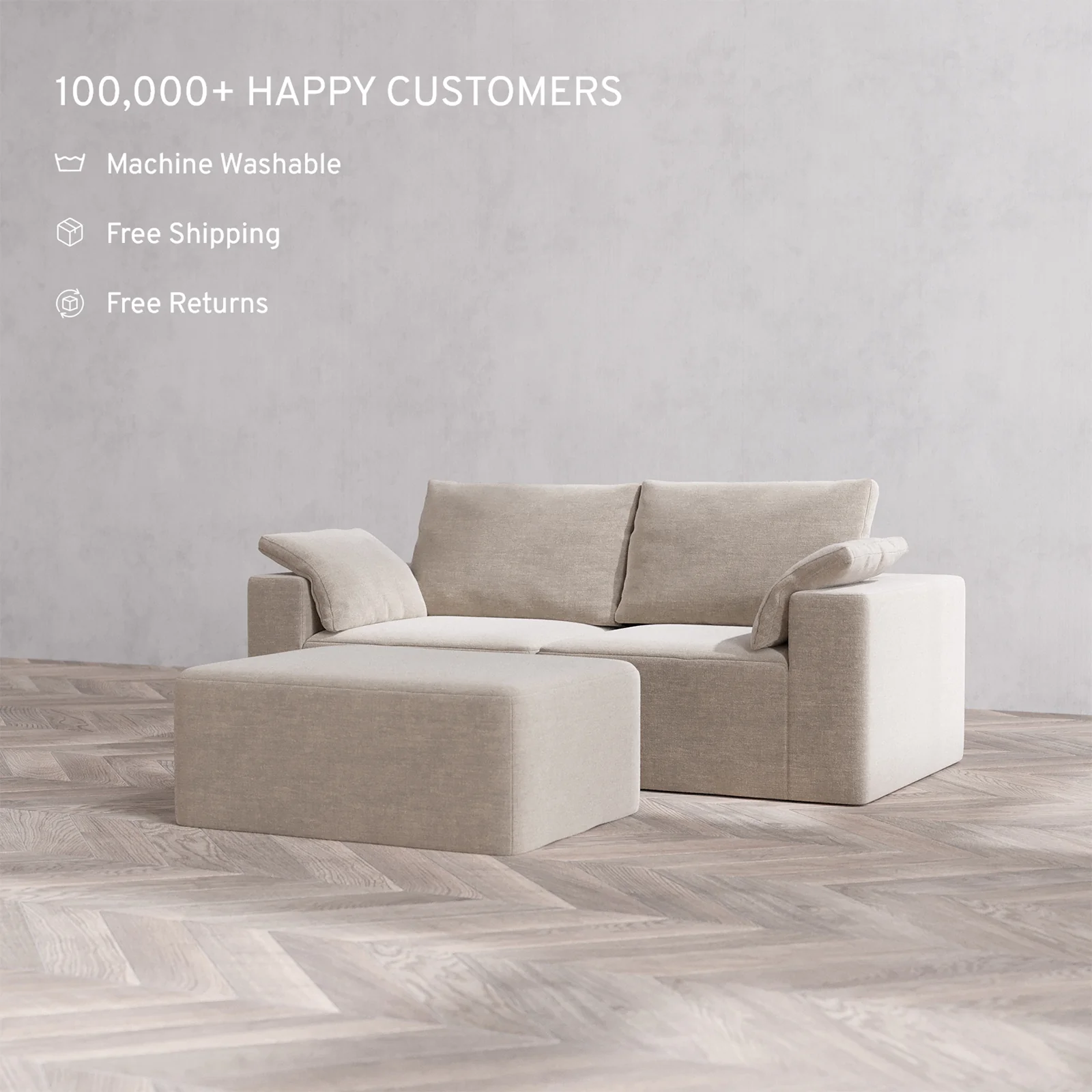 Slipcover Only - Modular Washable 2-Seater + Chaise Ottoman Cloud + Bolster Sofa in Caraway - Image 2