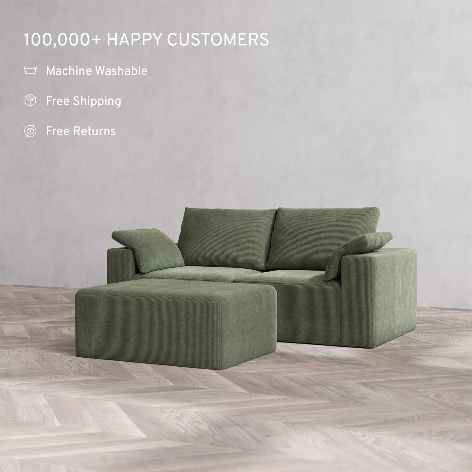 Slipcover Only - Modular Washable 2-Seater + Chaise Ottoman Cloud + Bolster Sofa in Juniper - Image 2