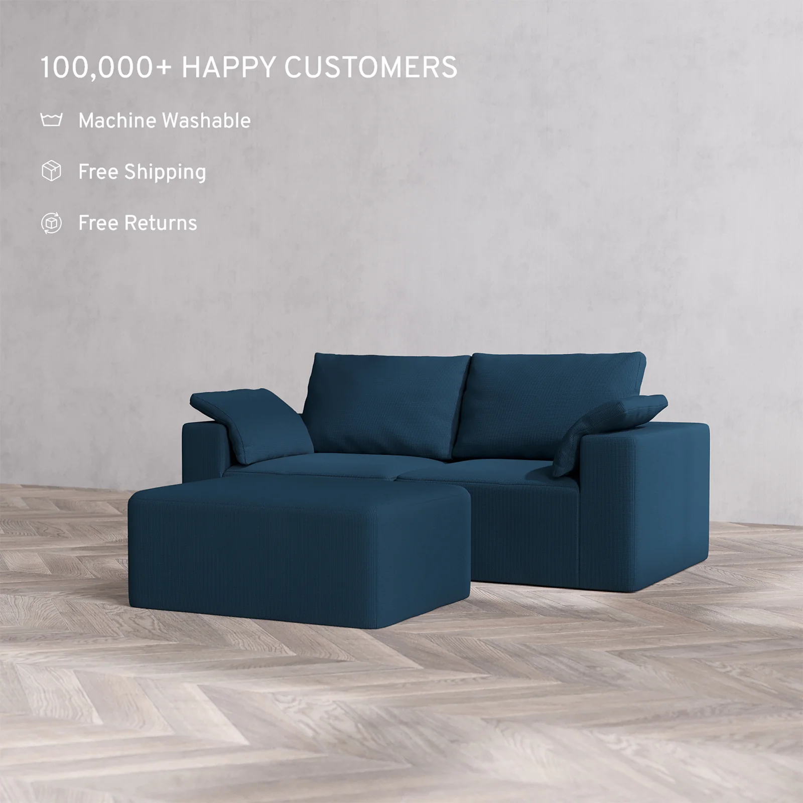 Slipcover Only - Modular Washable 2-Seater + Chaise Ottoman Cloud + Bolster Sofa in Lazuli - Image 2
