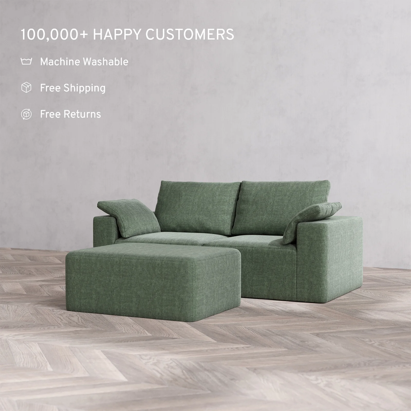 Slipcover Only - Modular Washable 2-Seater + Chaise Ottoman Cloud + Bolster Sofa in Sage - Image 2