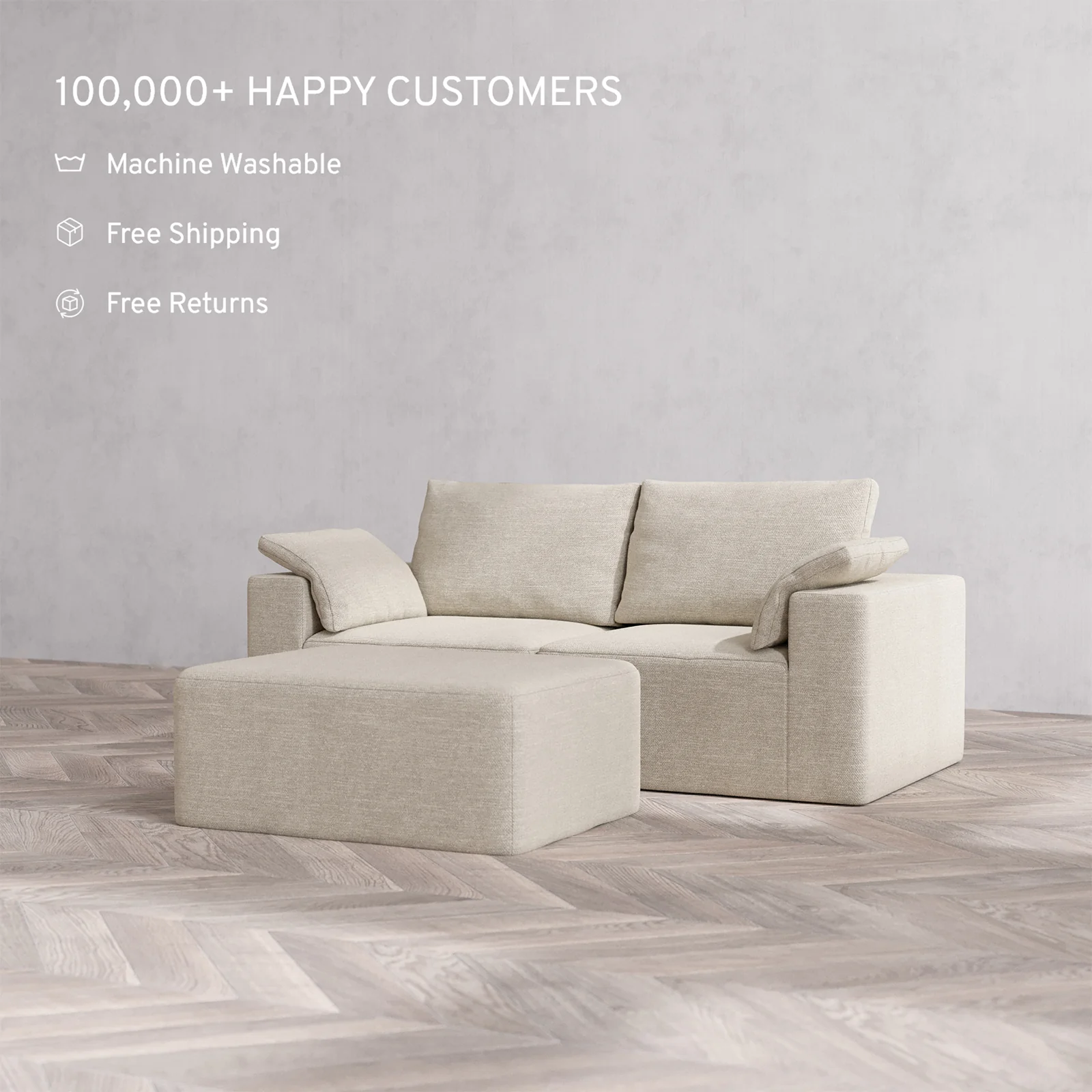 Slipcover Only - Modular Washable 2-Seater + Chaise Ottoman Cloud + Bolster Sofa in Sandstone - Image 2